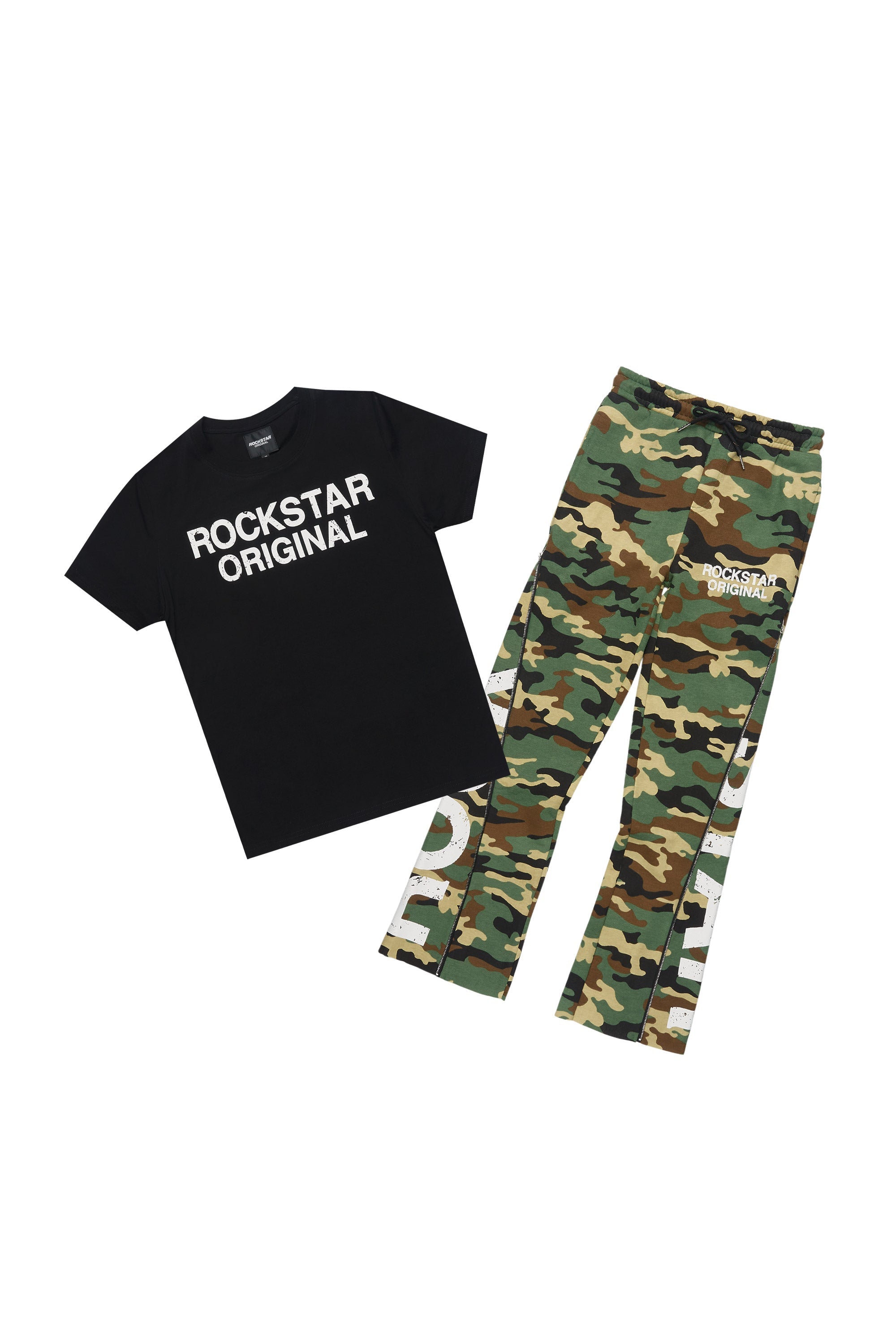 Boys Deniska Black/Camo T-Shirt Baggy Stacked Flare Set