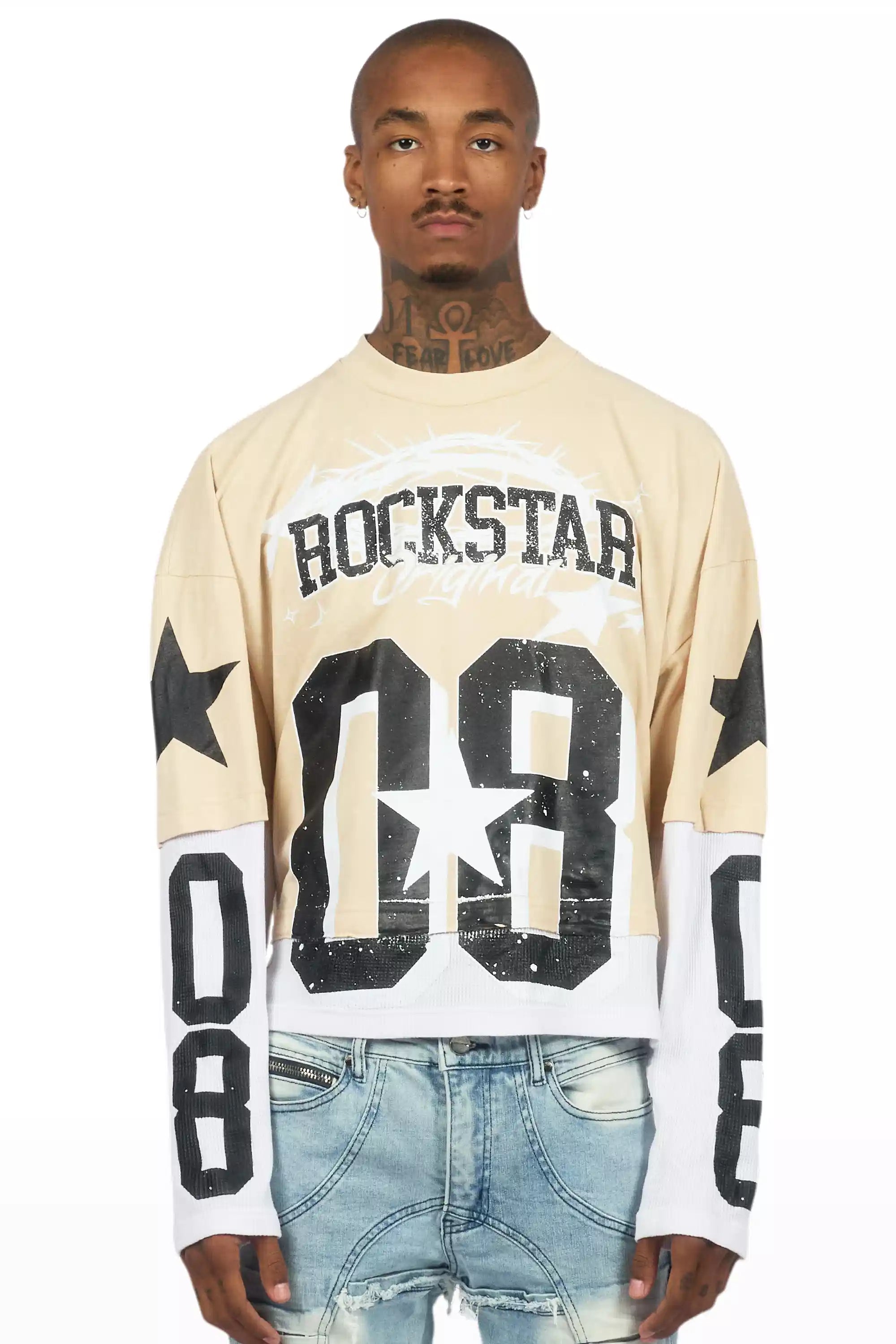 Allstar Beige/Black Boxy Crop Double Layer Tee