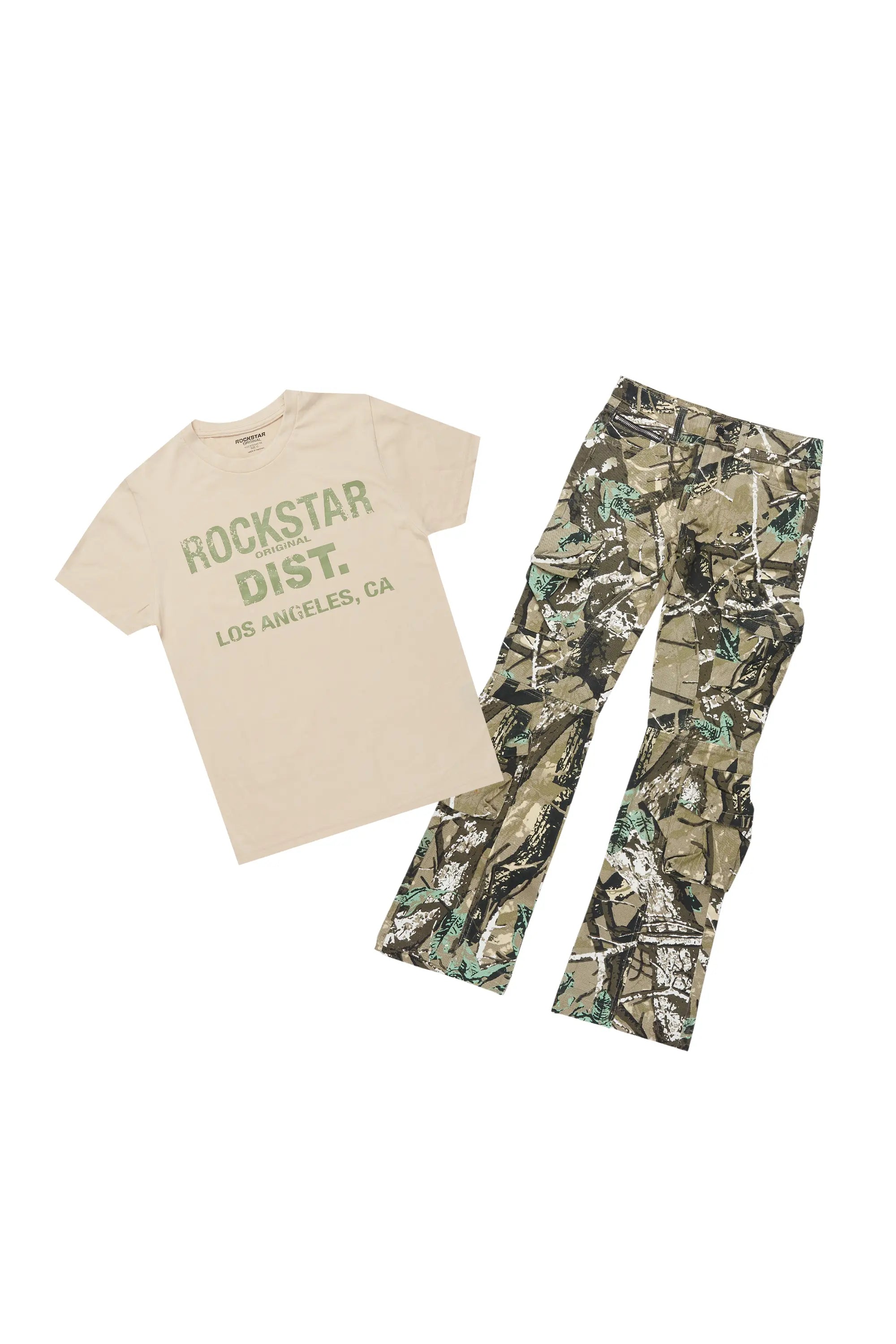 Boys Koen Vintage Sand/Green T-Shirt/Stacked Flare Jean Set