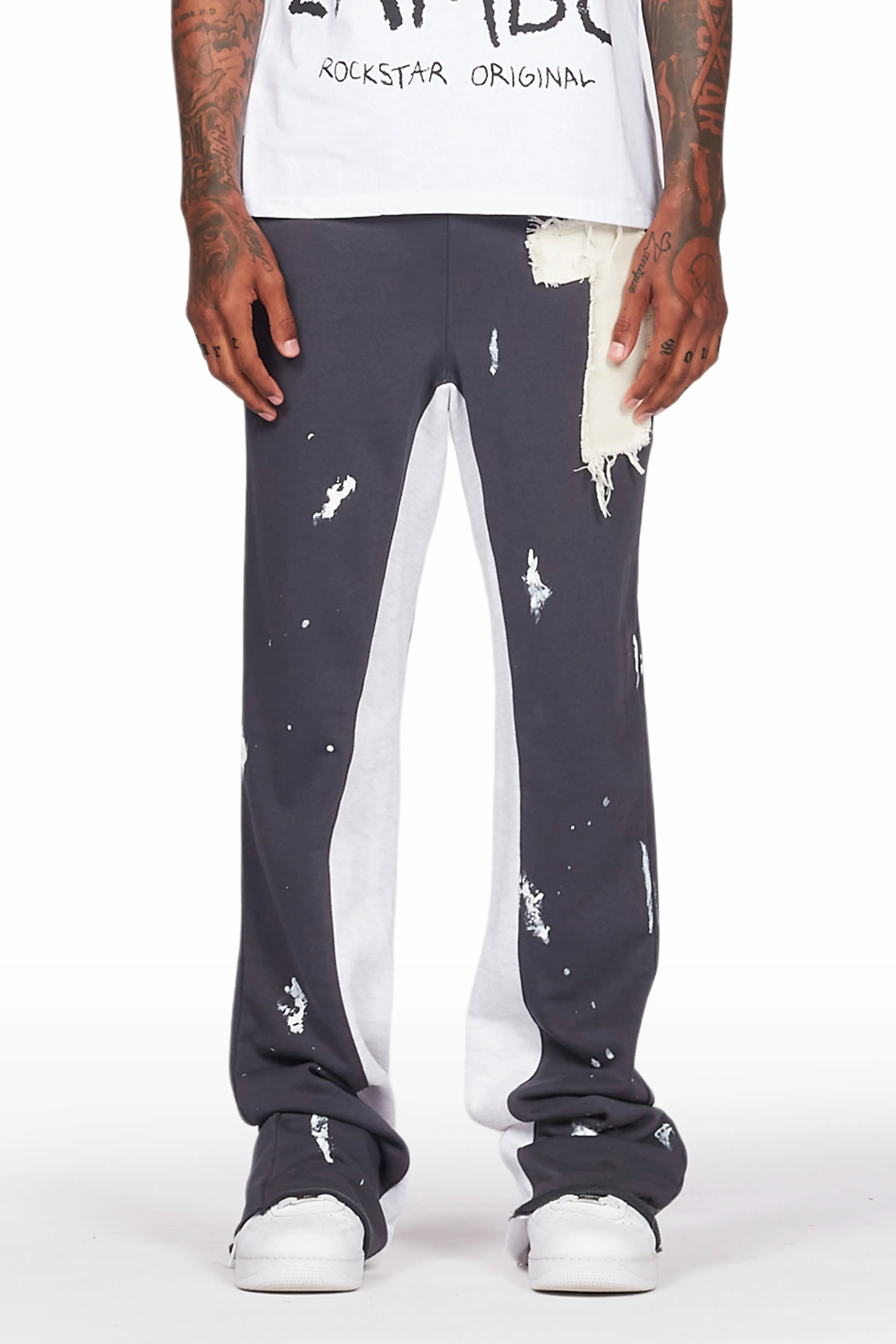 Baback Charcoal Patchwork Stacked Baggy Flare Pants