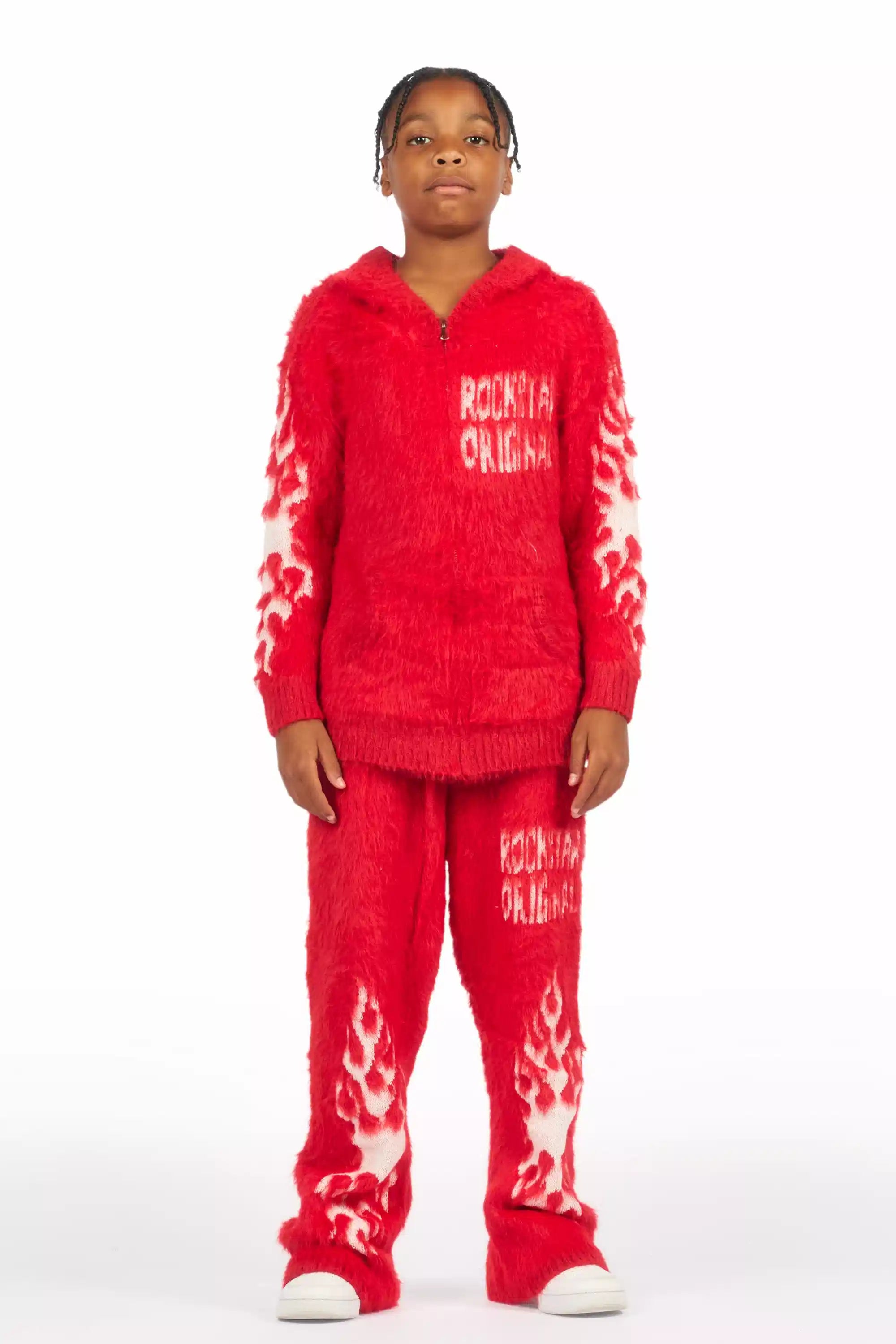 Boys Toshio Red Stacked Flare Knitted Mohair Track Set