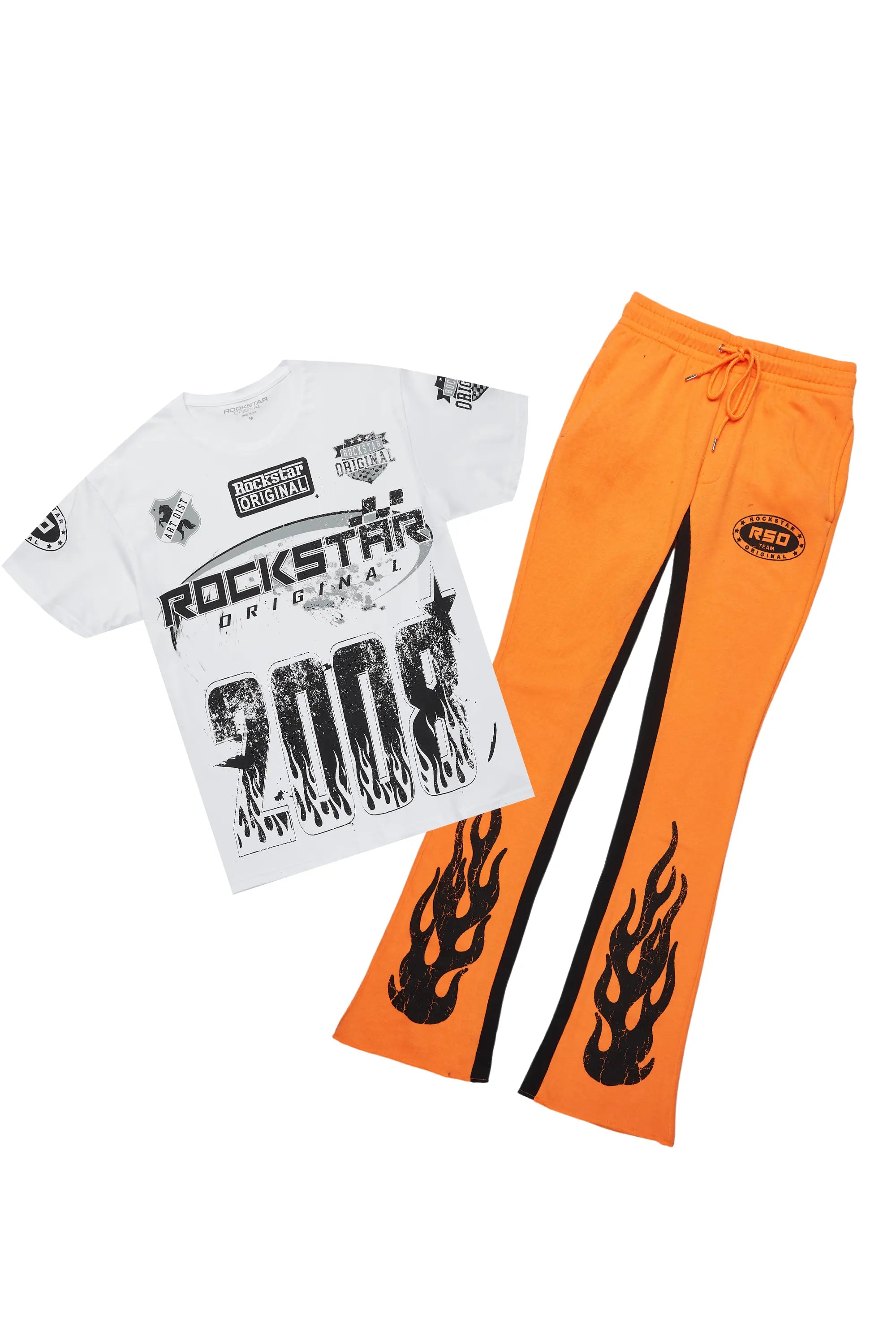 Amos White/Orange T-Shirt/Stacked Baggy Track Pant Set