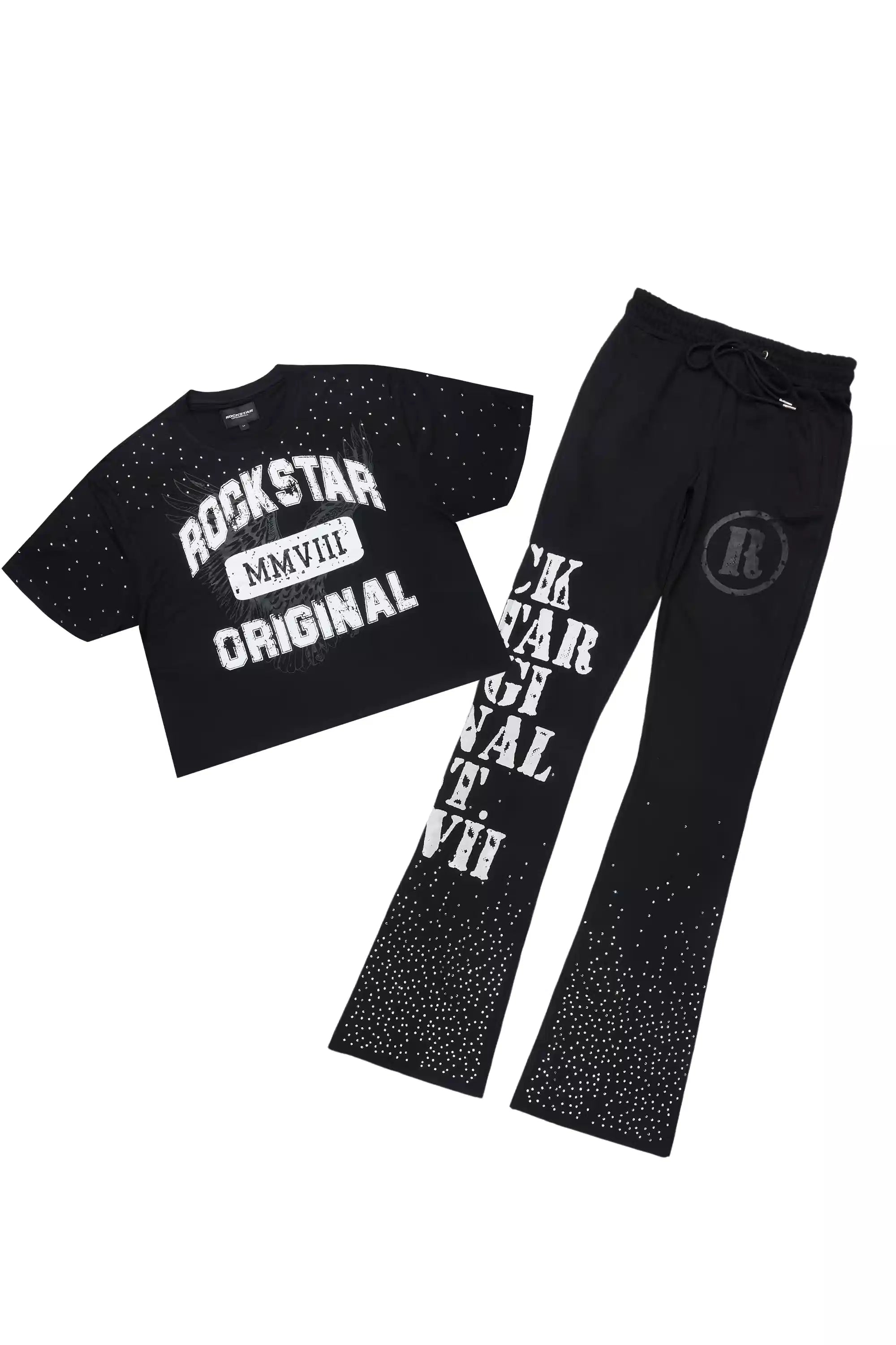 Borya Black Rhinestone T-Shirt/Baggy Stacked Track Set