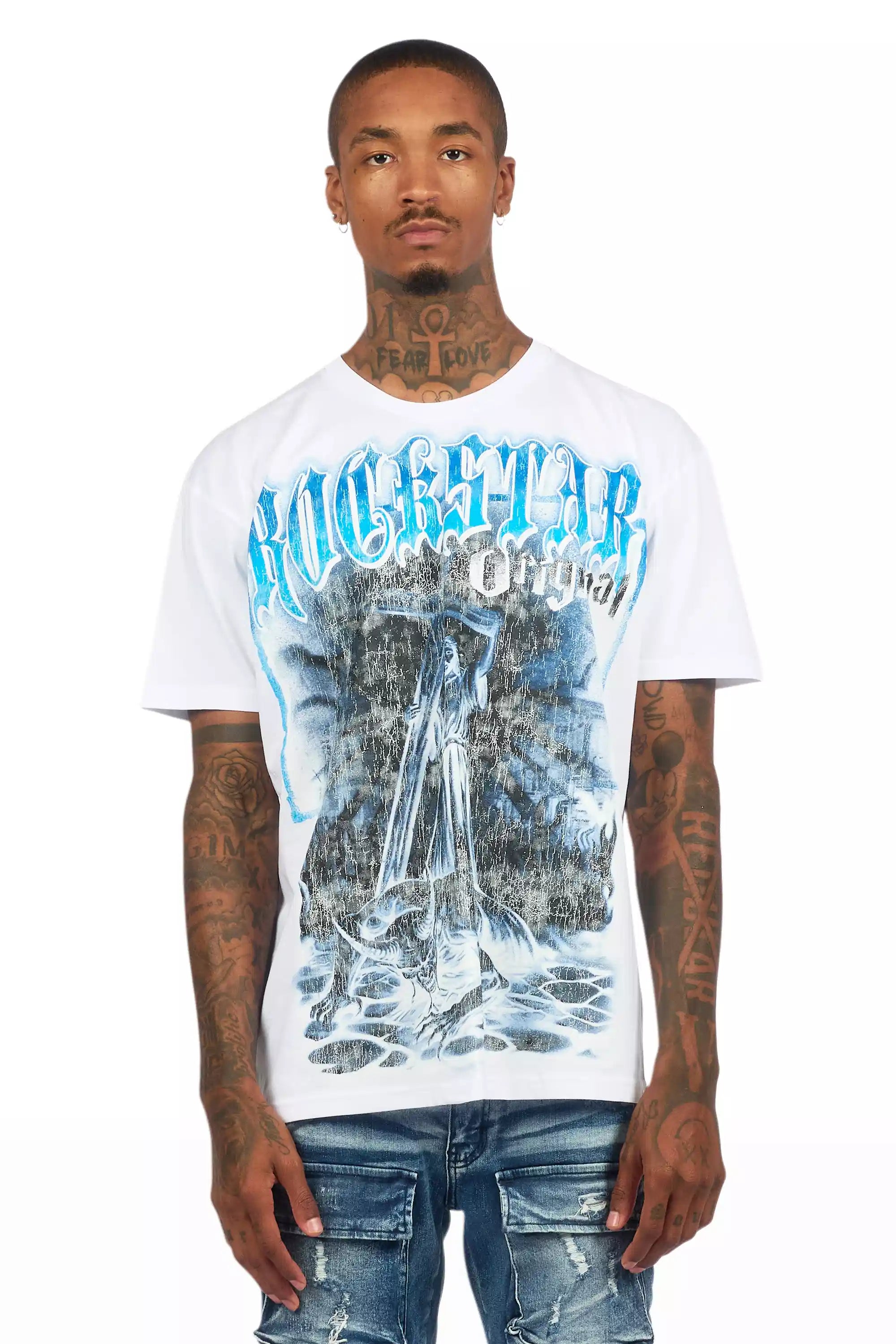 Renzo White/Blue Oversized Graphic T-Shirt