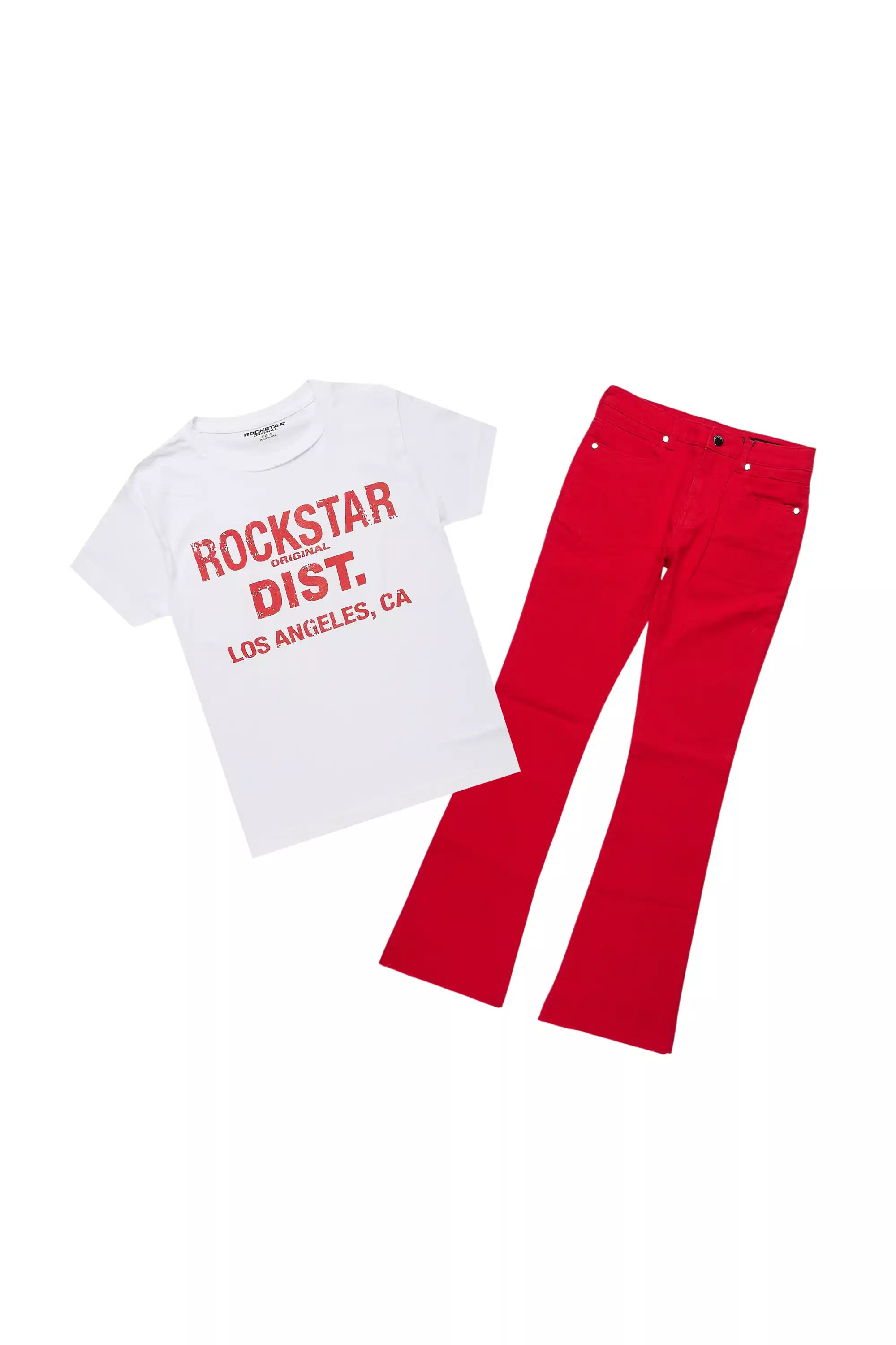 Boys Lake White/Red T-Shirt/Dag Stacked Flare Jean Set