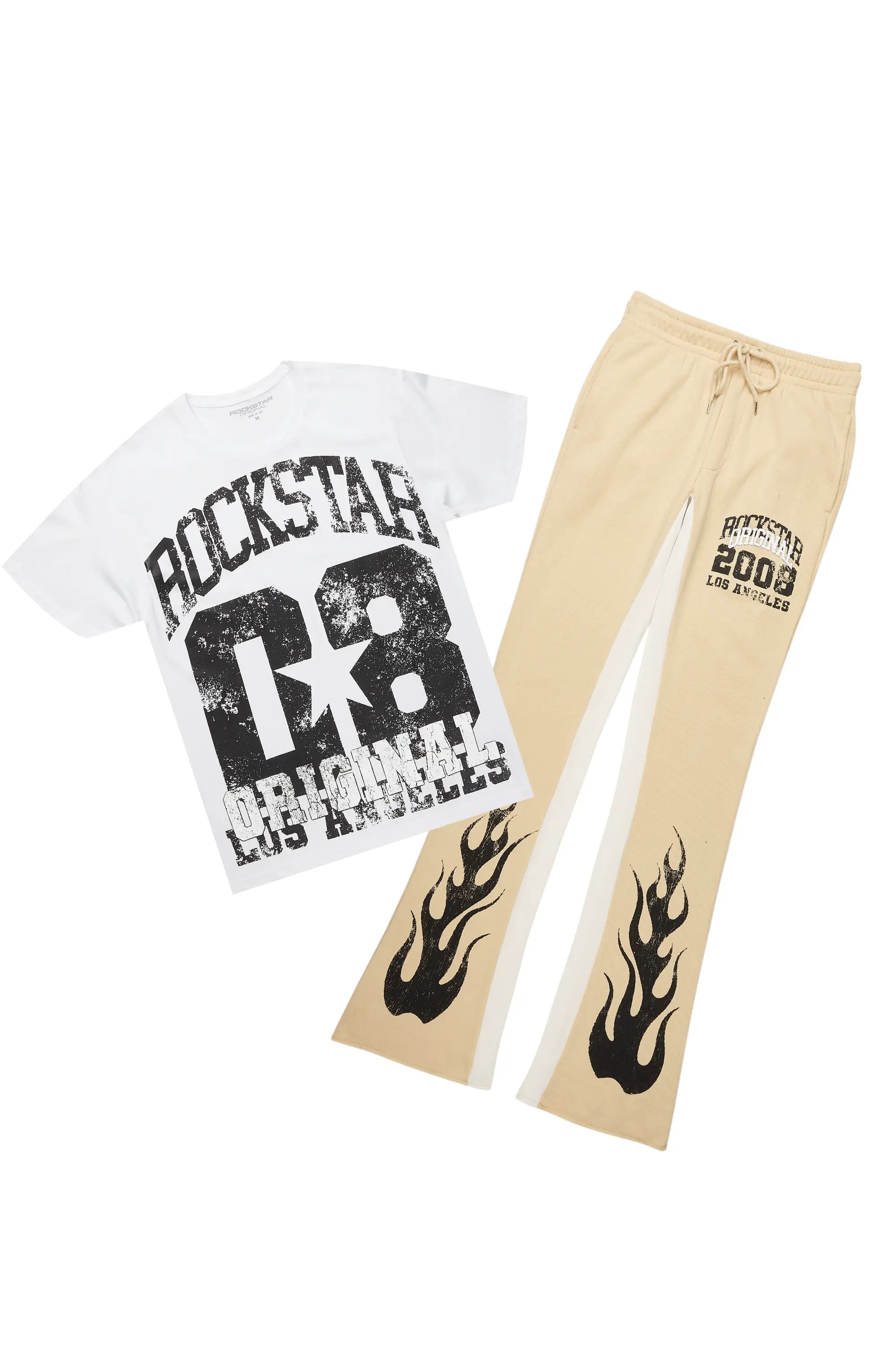 Edel White/Beige T-Shirt/Stacked Baggy Track Pant Set