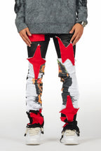 Savage Black/Red Patchwork Stacked Flare Jean