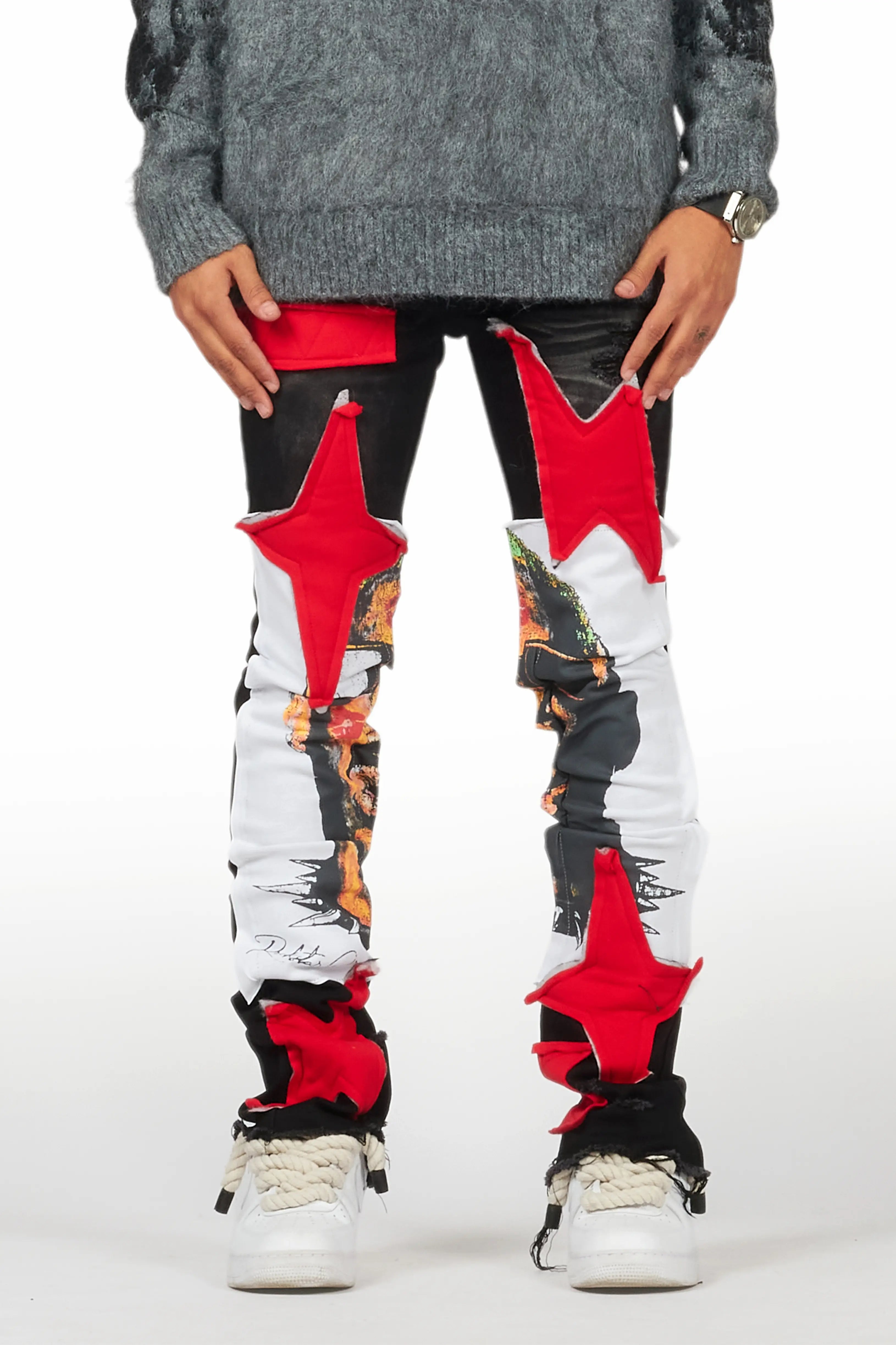 Savage Black/Red Patchwork Stacked Flare Jean