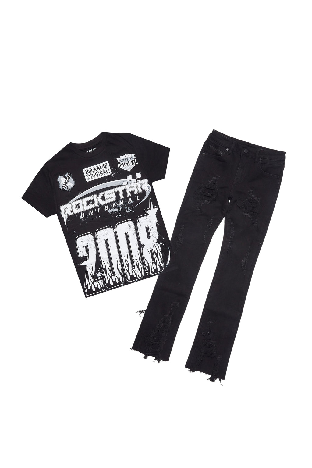 Boys Amos Black/White T-Shirt/Stacked Flare Jean Set