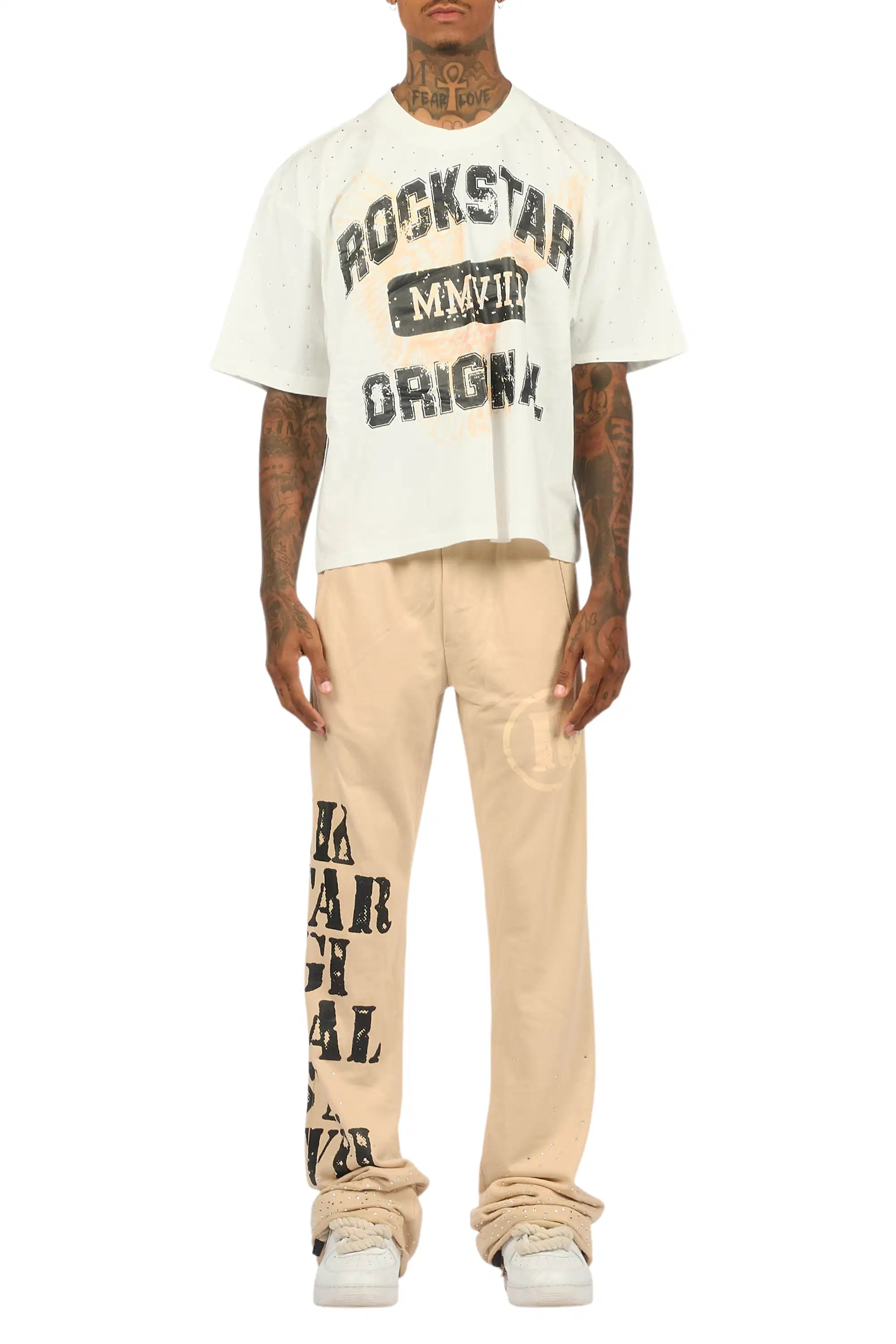 Borya Beige Rhinestone T-Shirt/Baggy Stacked Track Set