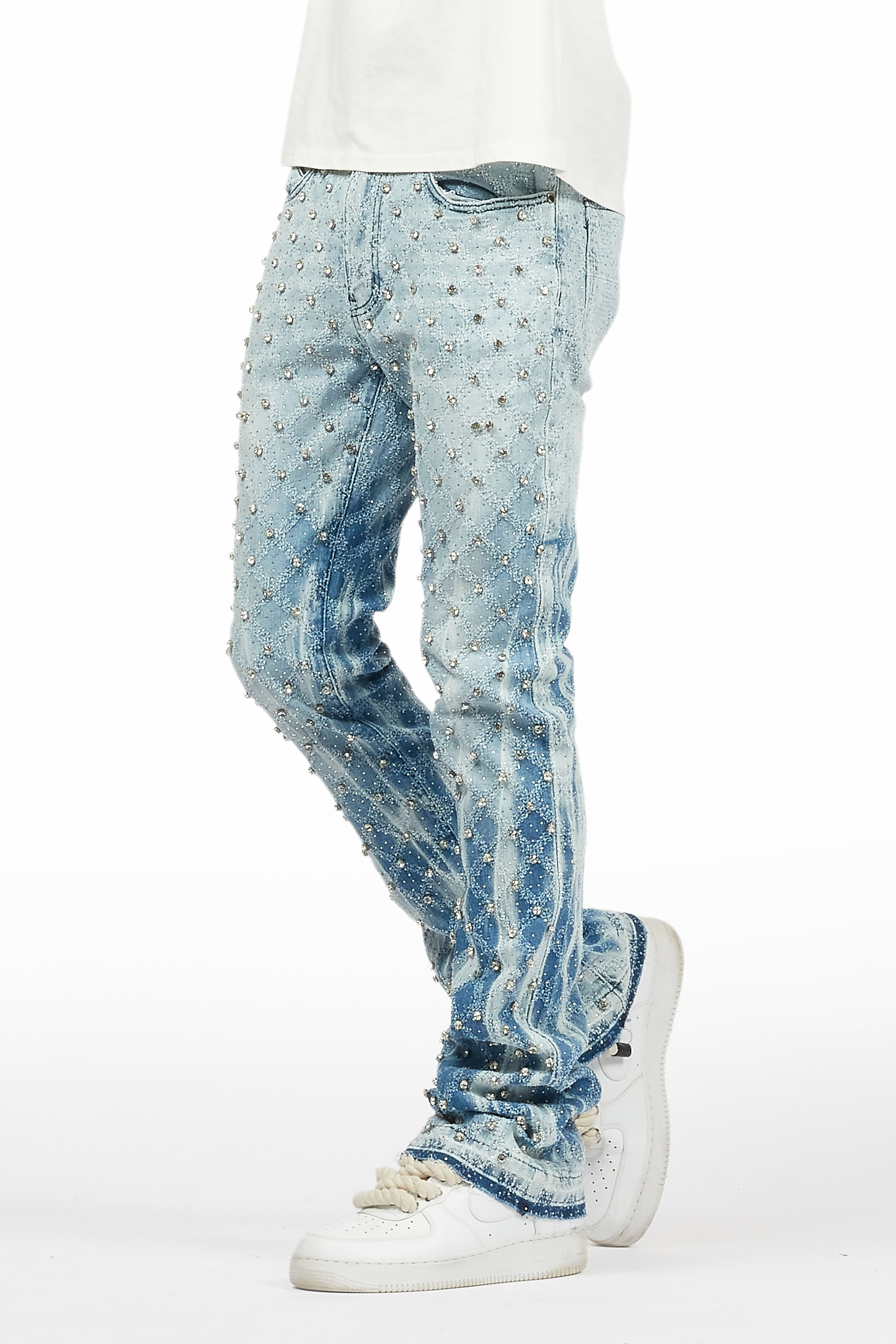 Glit Blue Rhinestone Stacked Flare Jean