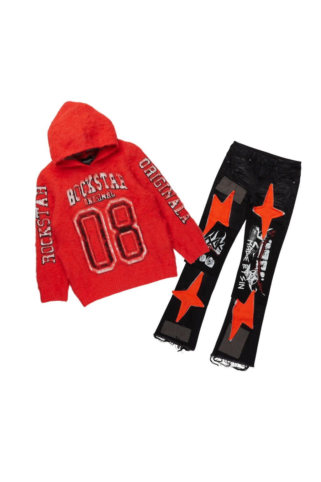 Boys Fields Red Mohair Hoodie/Stacked Flare Jean Set