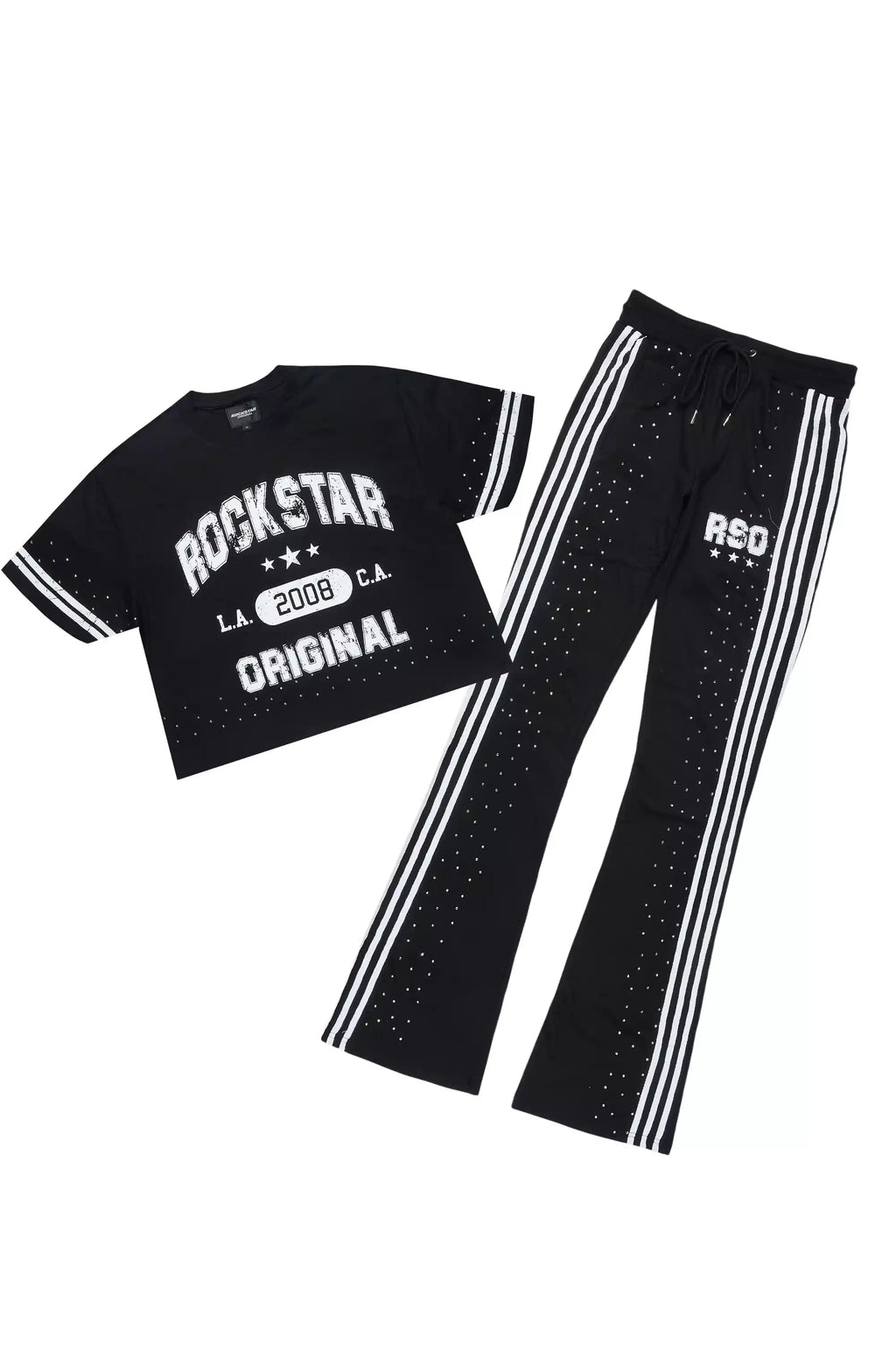 Tylla Black Rhinestone T-Shirt/Baggy Stacked Track Set