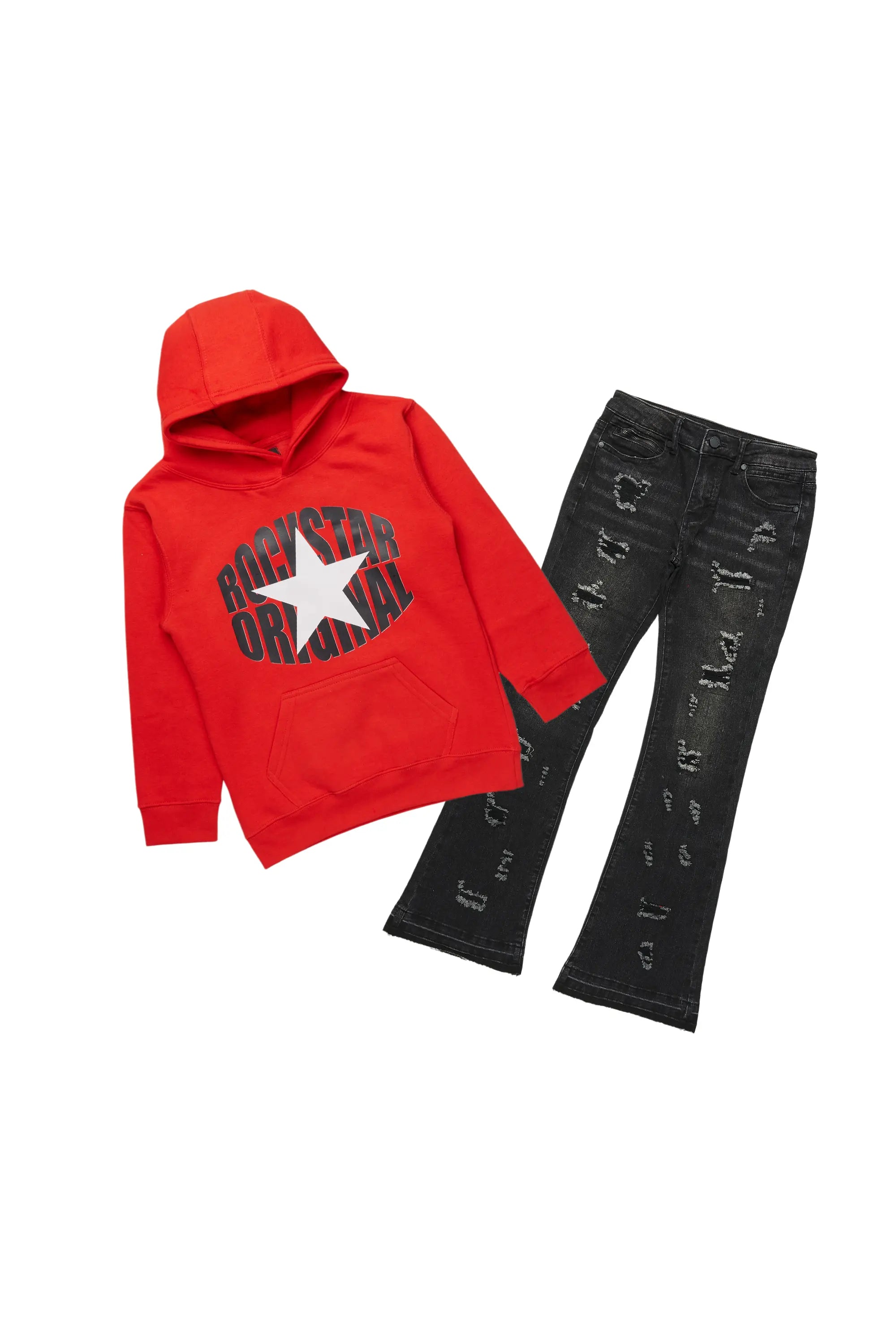 Boys Ezra Red/Black Hoodie/Stacked Flare Jean