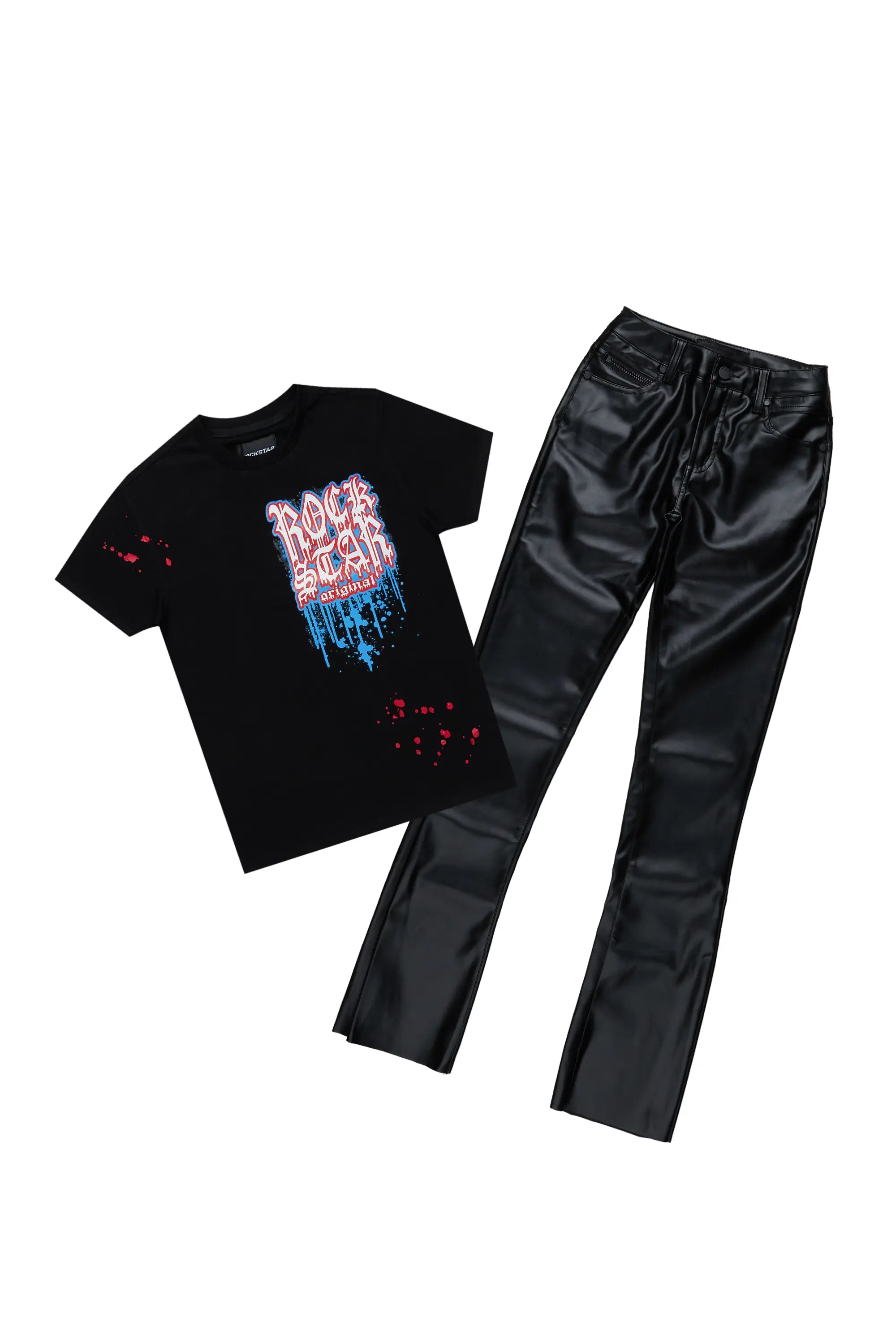 Boys Hades Black T-Shirt/Super Stacked Flare PU Jean Set