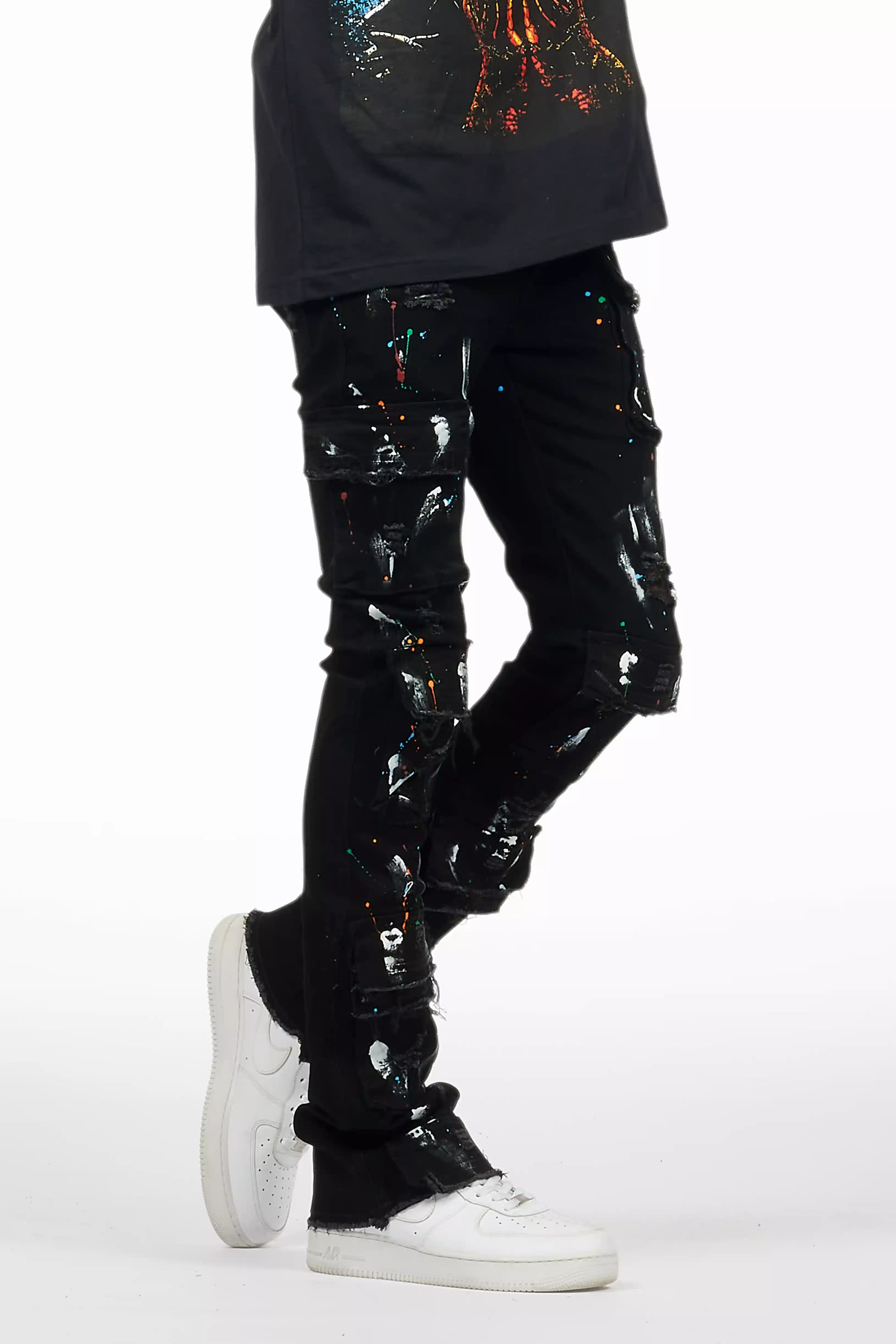 Orien Jet Black Painter Stacked Flare Jean