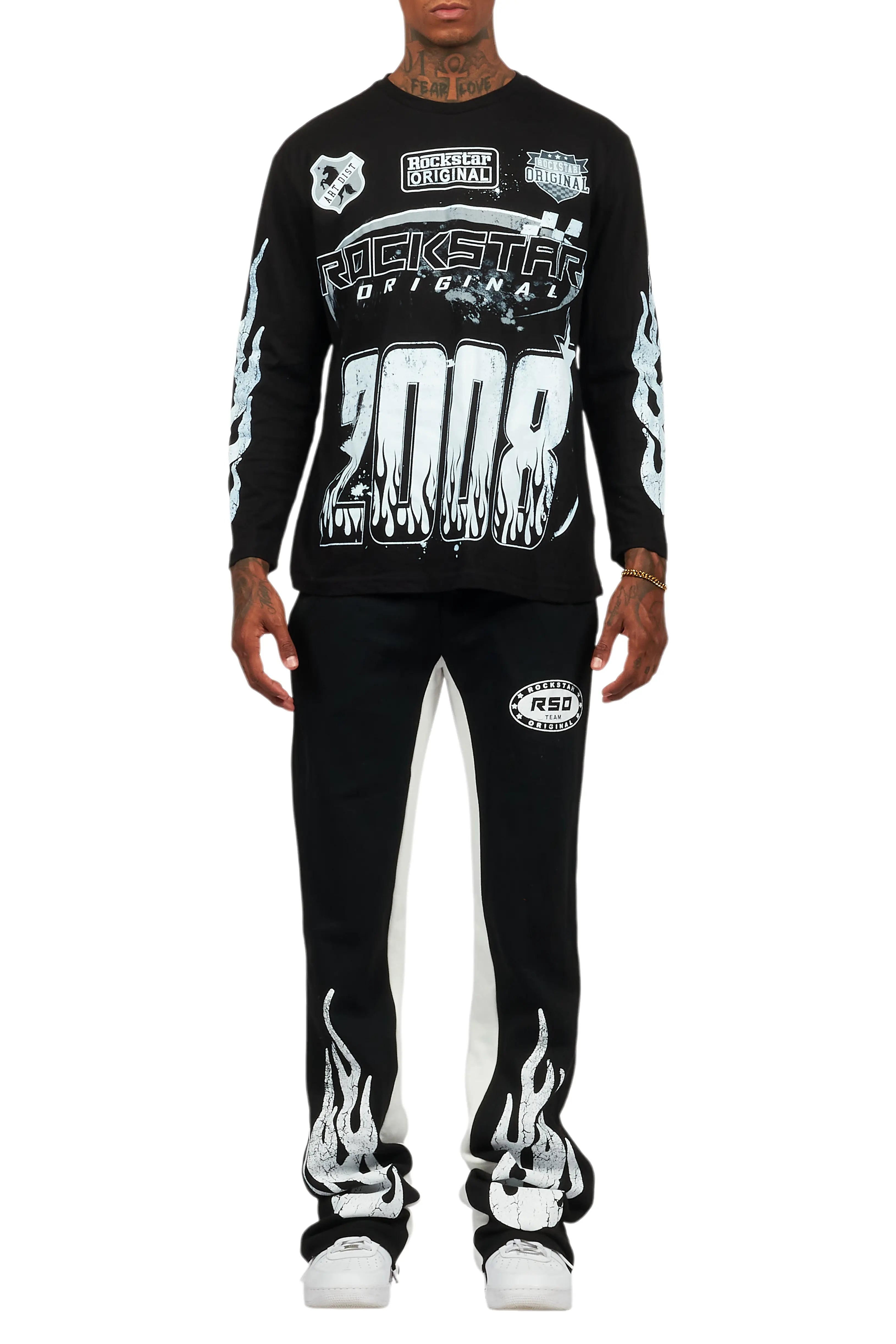Amos Black/White Long Sleeve T-Shirt/Stacked Baggy Pant Set