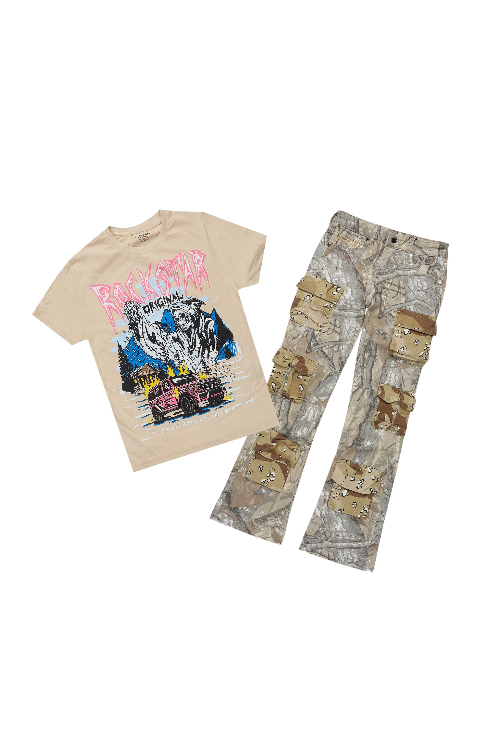 Boys Kip Vintage Sand/Pink T-Shirt/Stacked Flare Jean Set