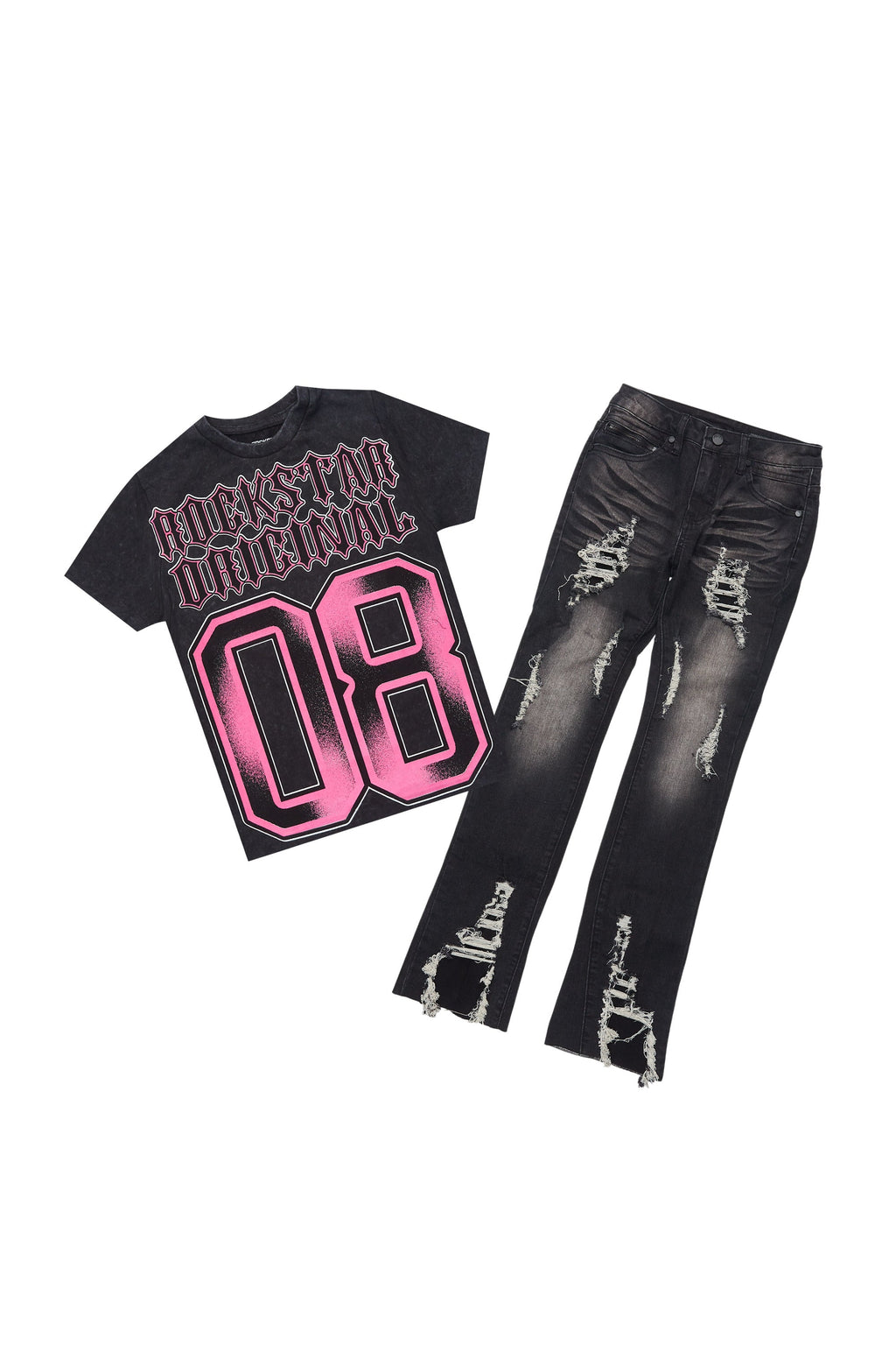 Boys Alim Vintage Black/Fuchsia T-Shirt/Stacked Flare Jean Set