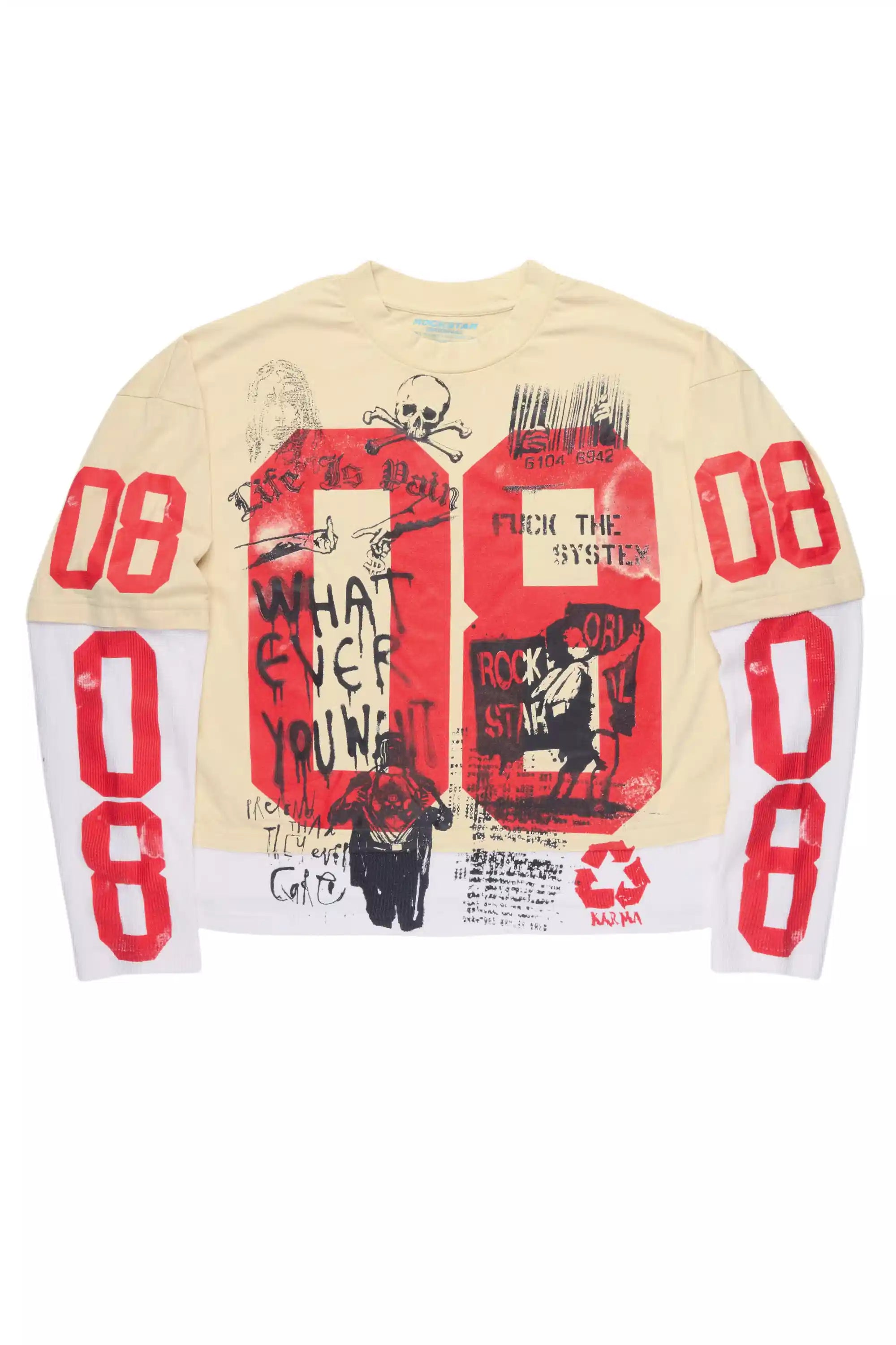 Grill Beige/Red Boxy Crop Double Layer Tee