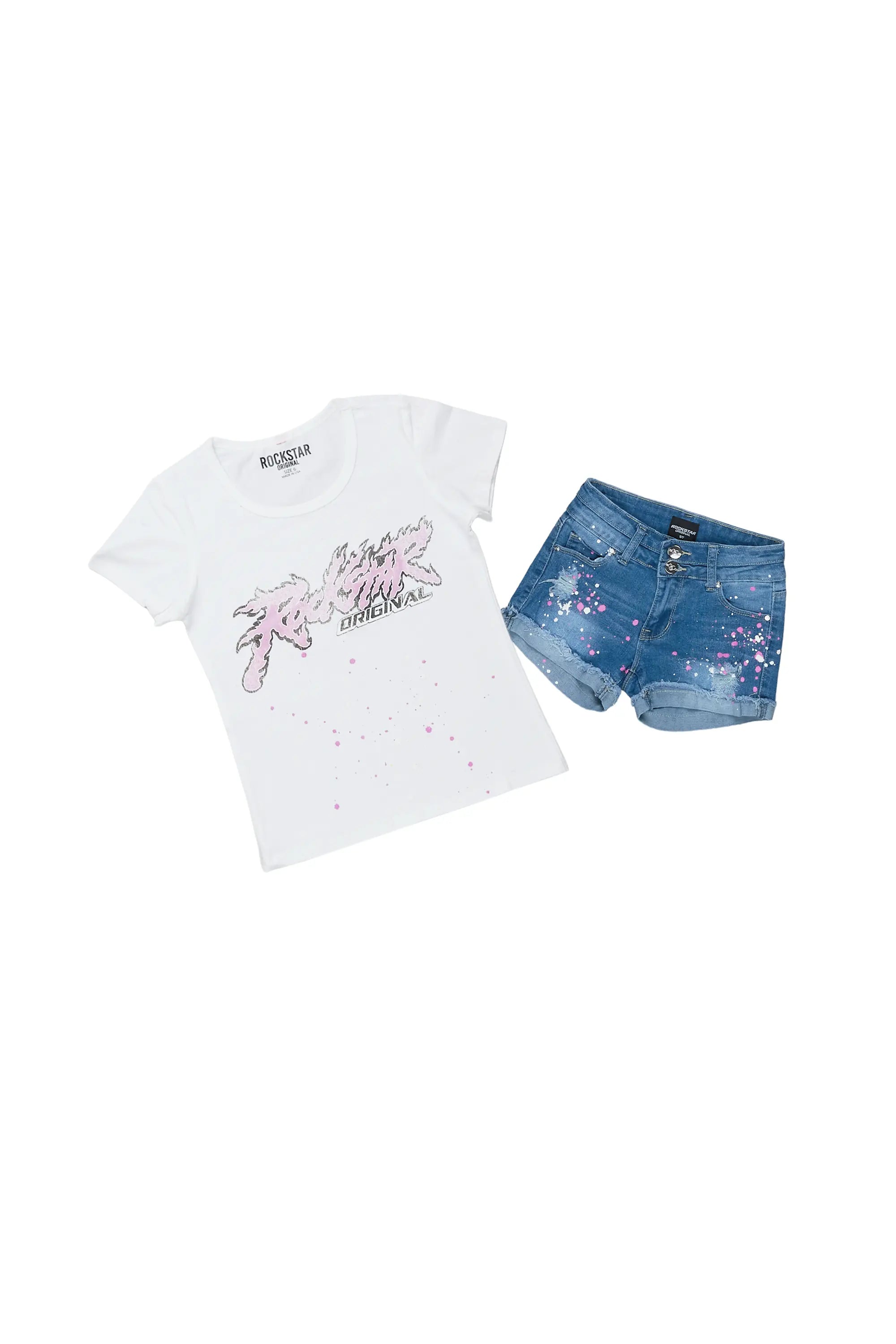 Girls Nahla White T-Shirt/Denim Short Set