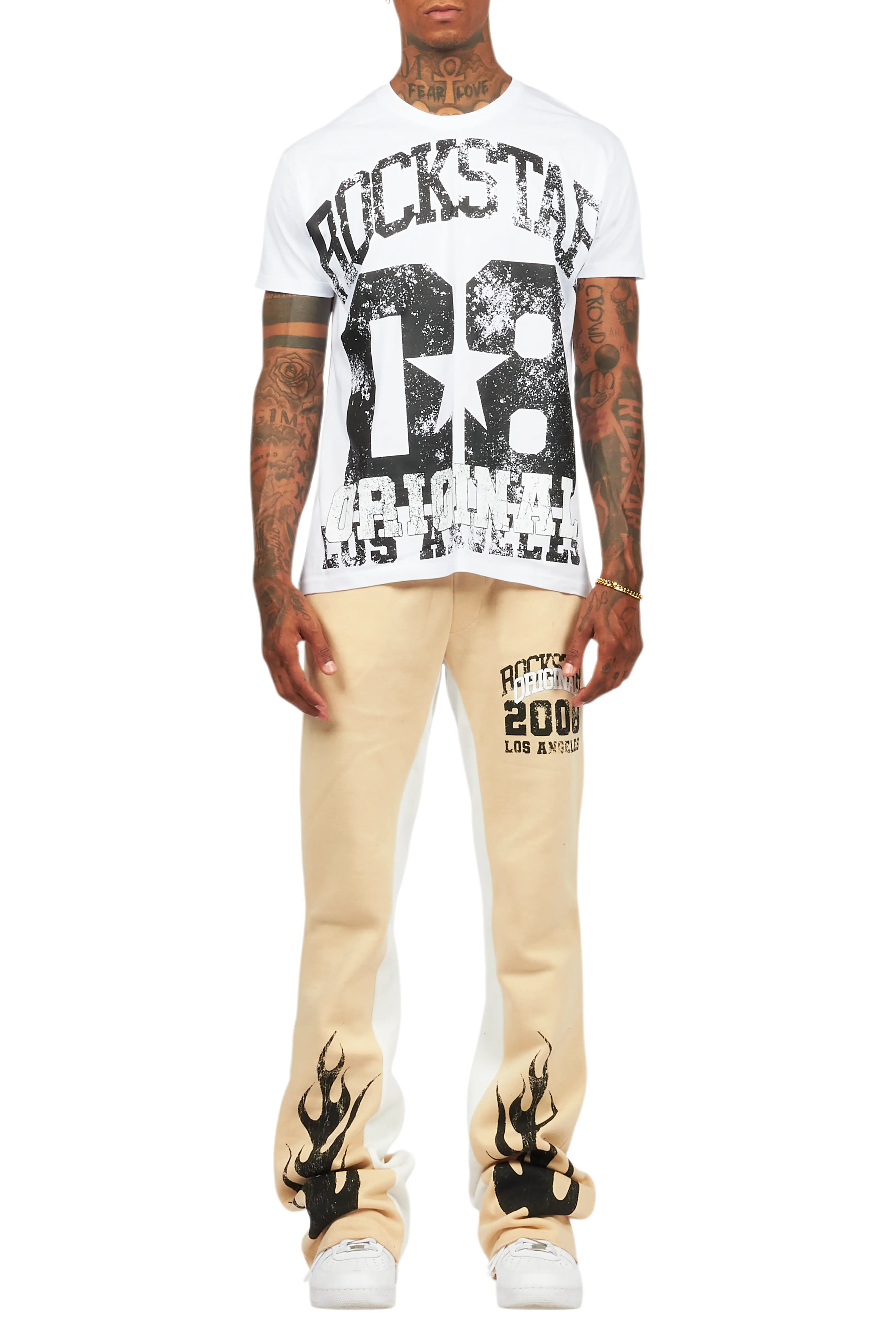 Edel White/Beige T-Shirt/Stacked Baggy Track Pant Set