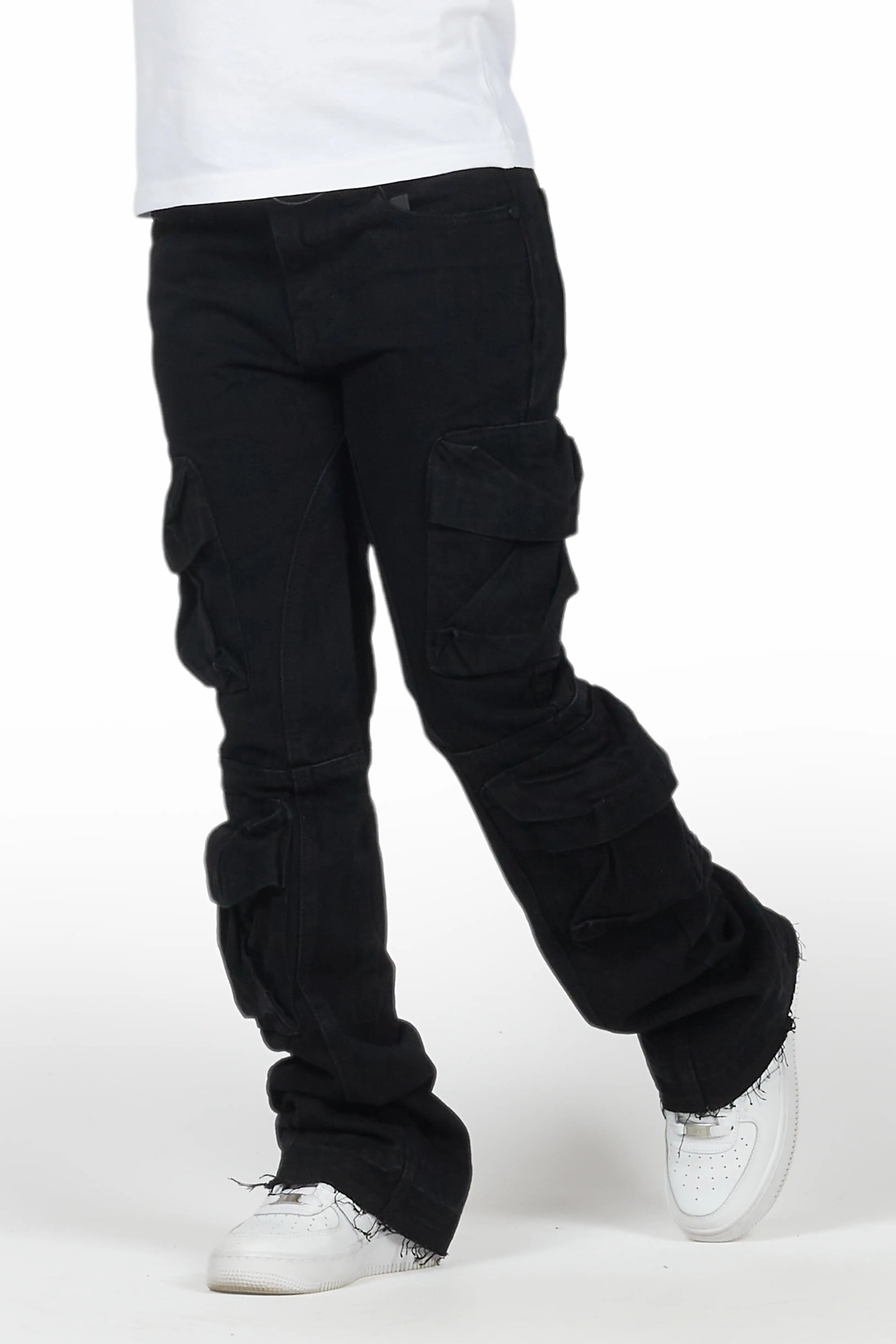 Boys Gregor Black Stacked Flare Cargo Jean