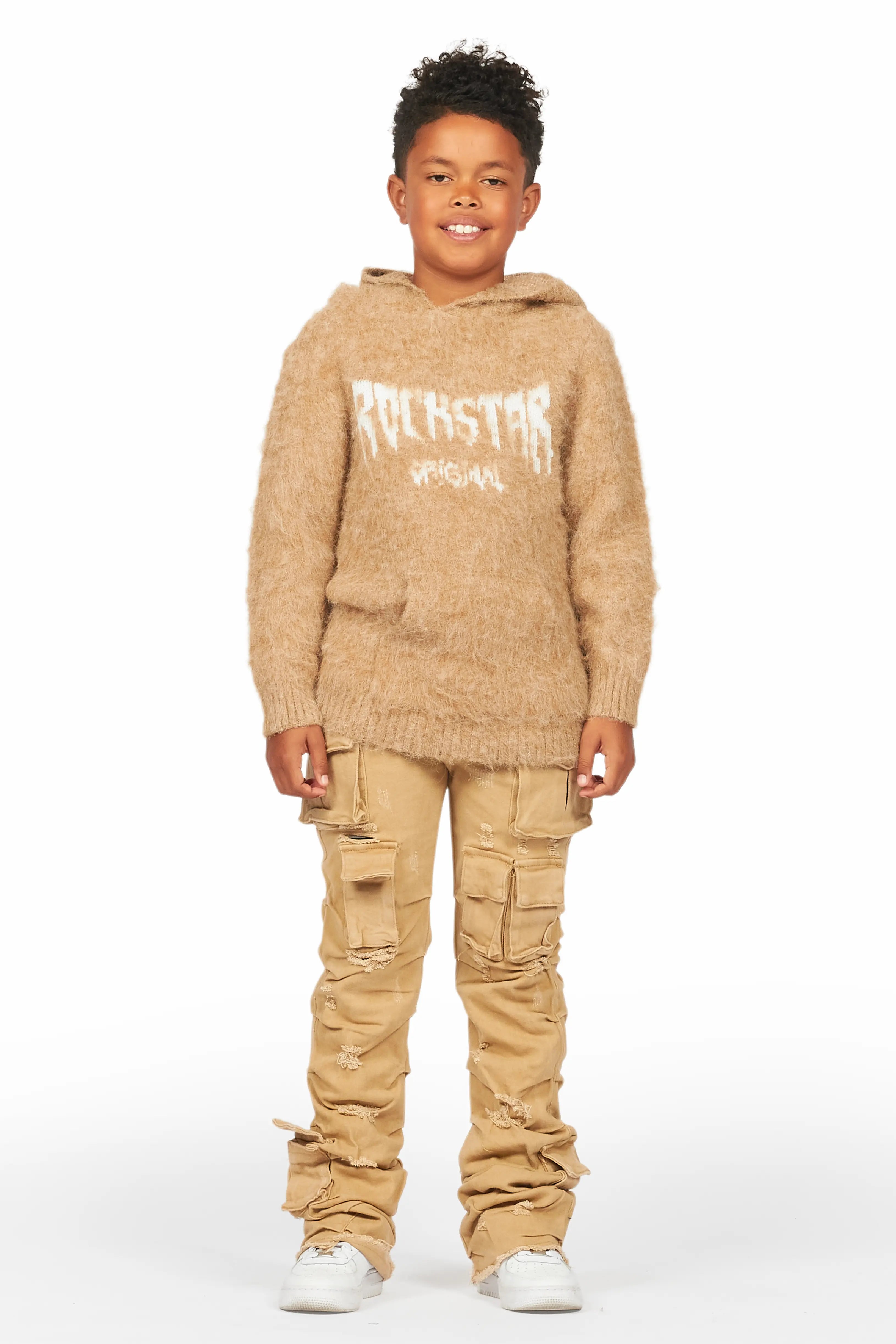 Boys Andros Brown Mohair Hoodie/Stacked Flare Jean Set