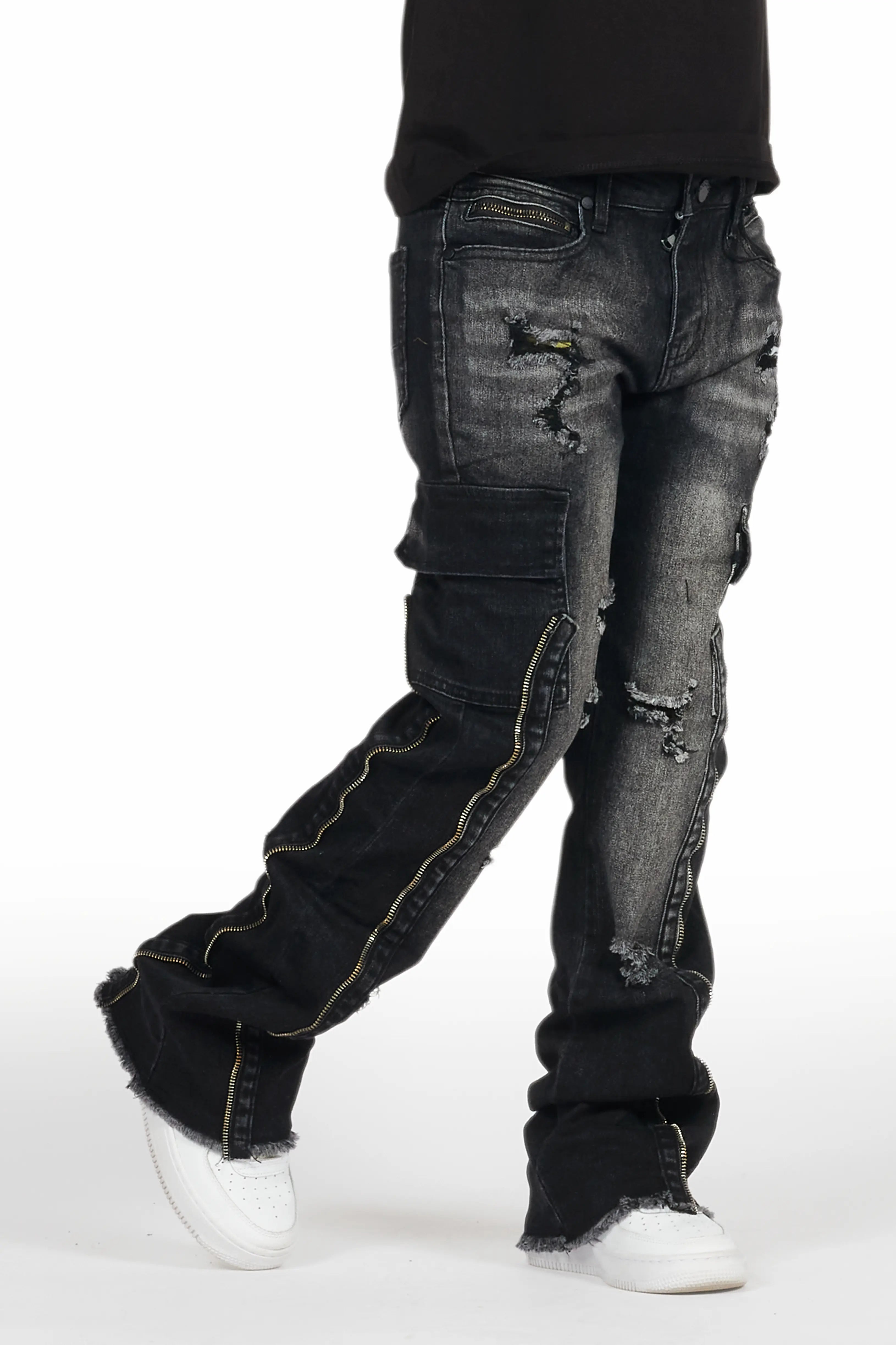 Boys Hutch Black Wash Stacked Flare Jean