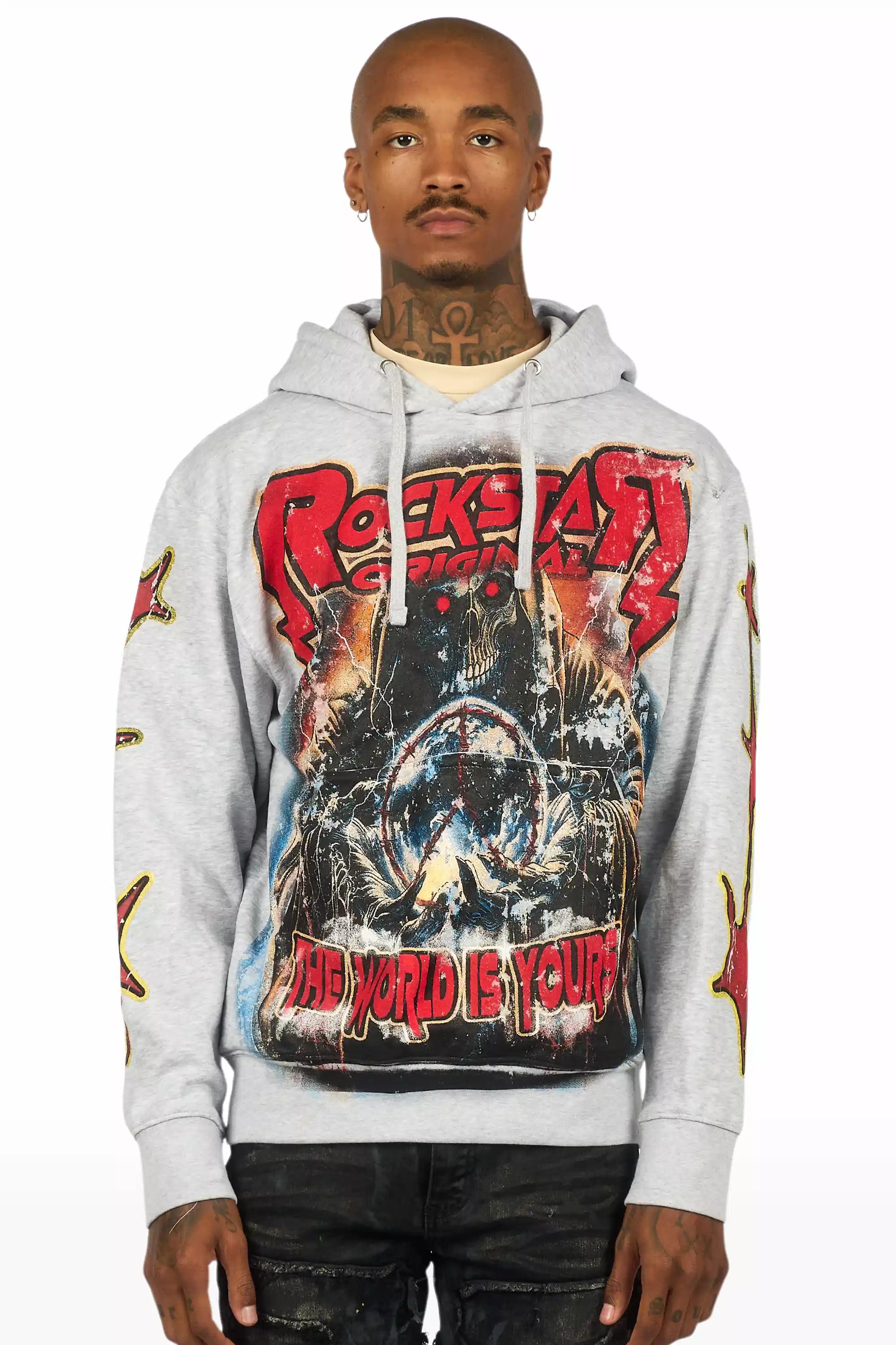 Lucian Heather Grey/Red Graphic Hoodie