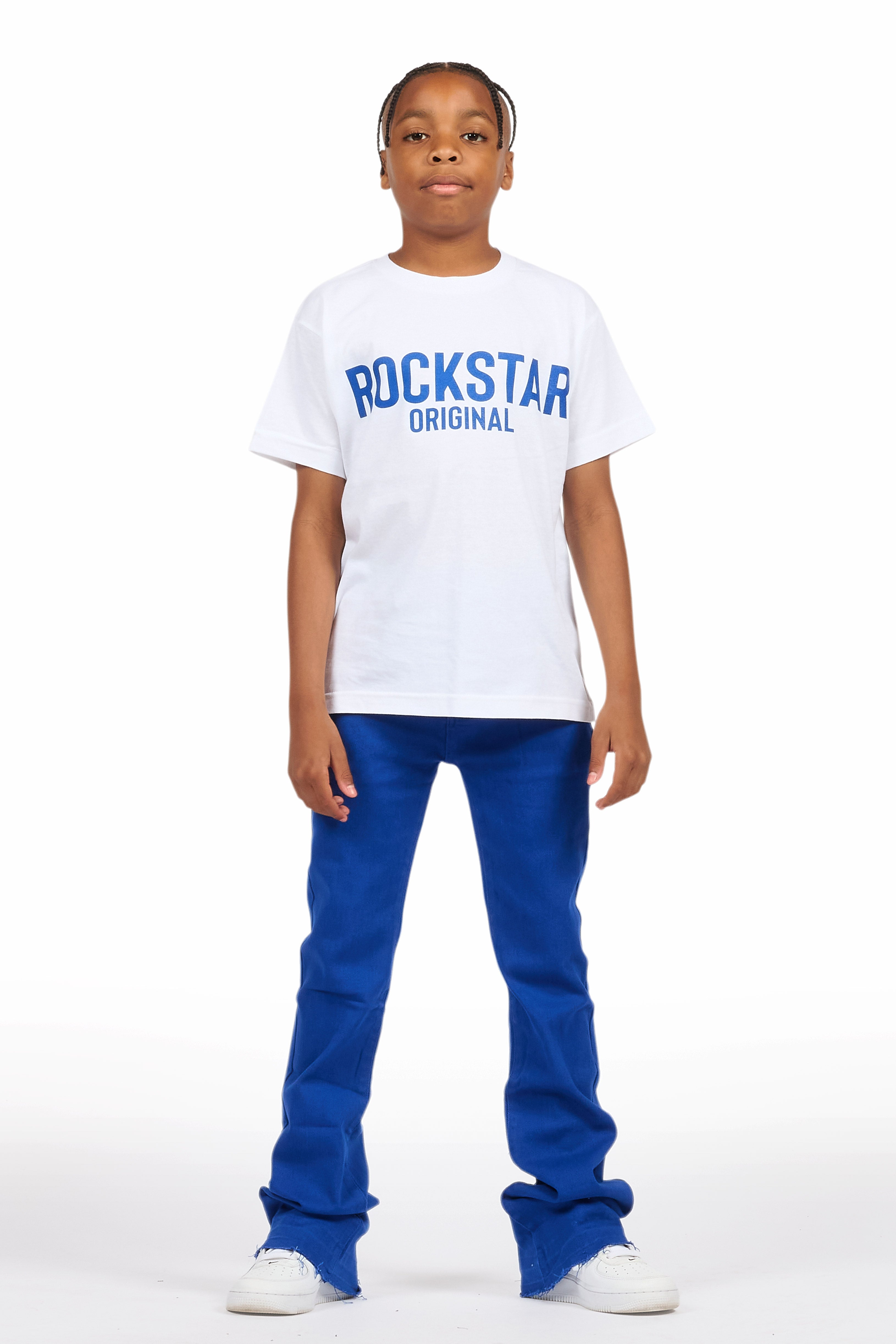 Boys Sana White/Royal T-Shirt/Dag Stacked Flare Jean Set