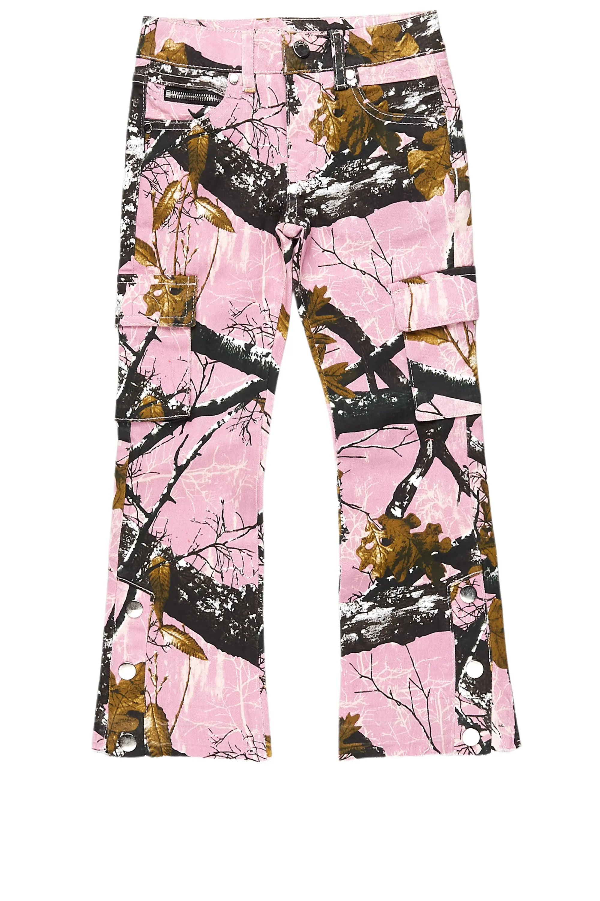 Girls Waapa Pink Tree Camo Stacked Flare Cargo Jean