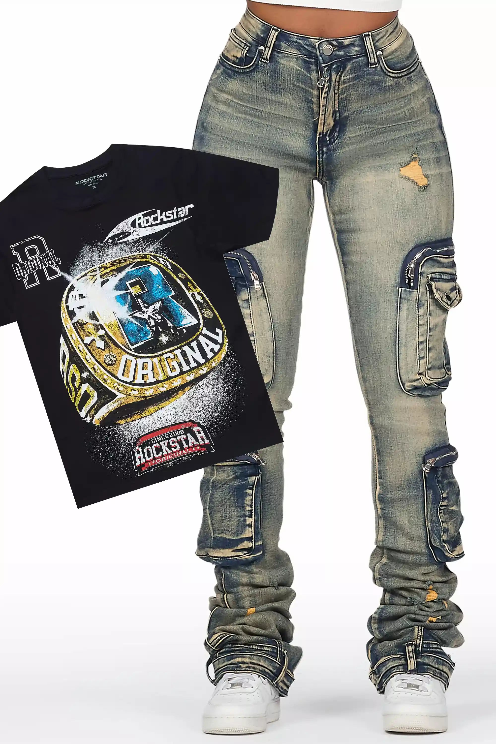 Vakiyah Black Tee & Alisson Tinted Dark Wash Jean Set