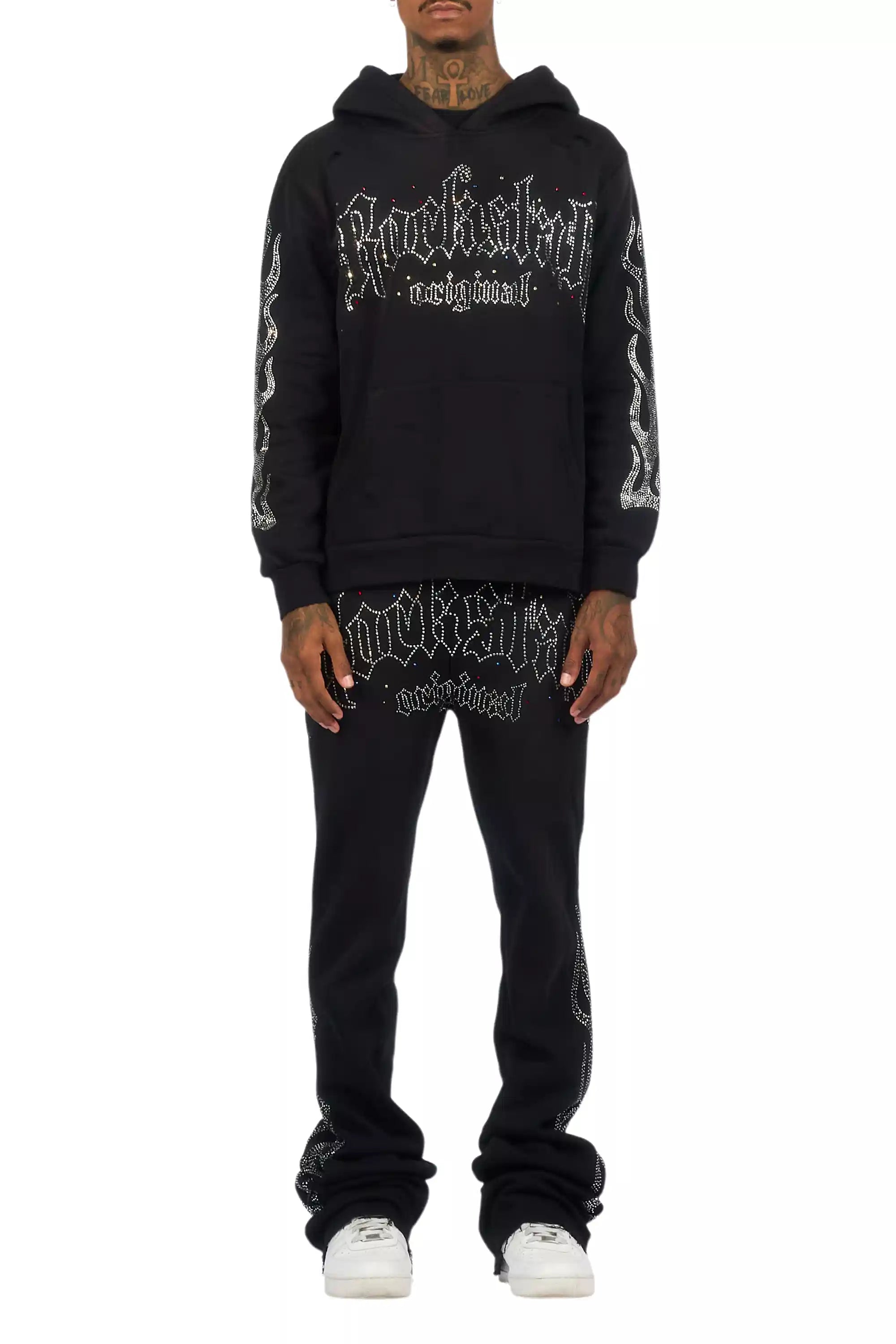 Mares Black Rhinestone Hoodie Relaxed Track Set