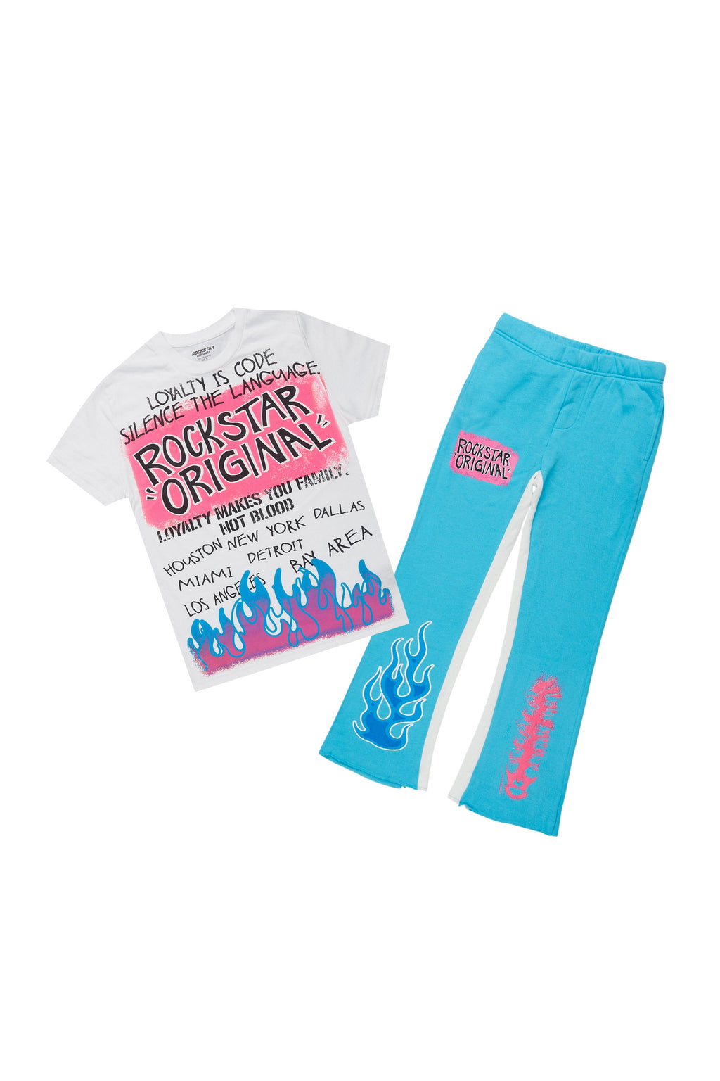 Boys Beno White/Blue T-Shirt/Stacked Flare Pant Set