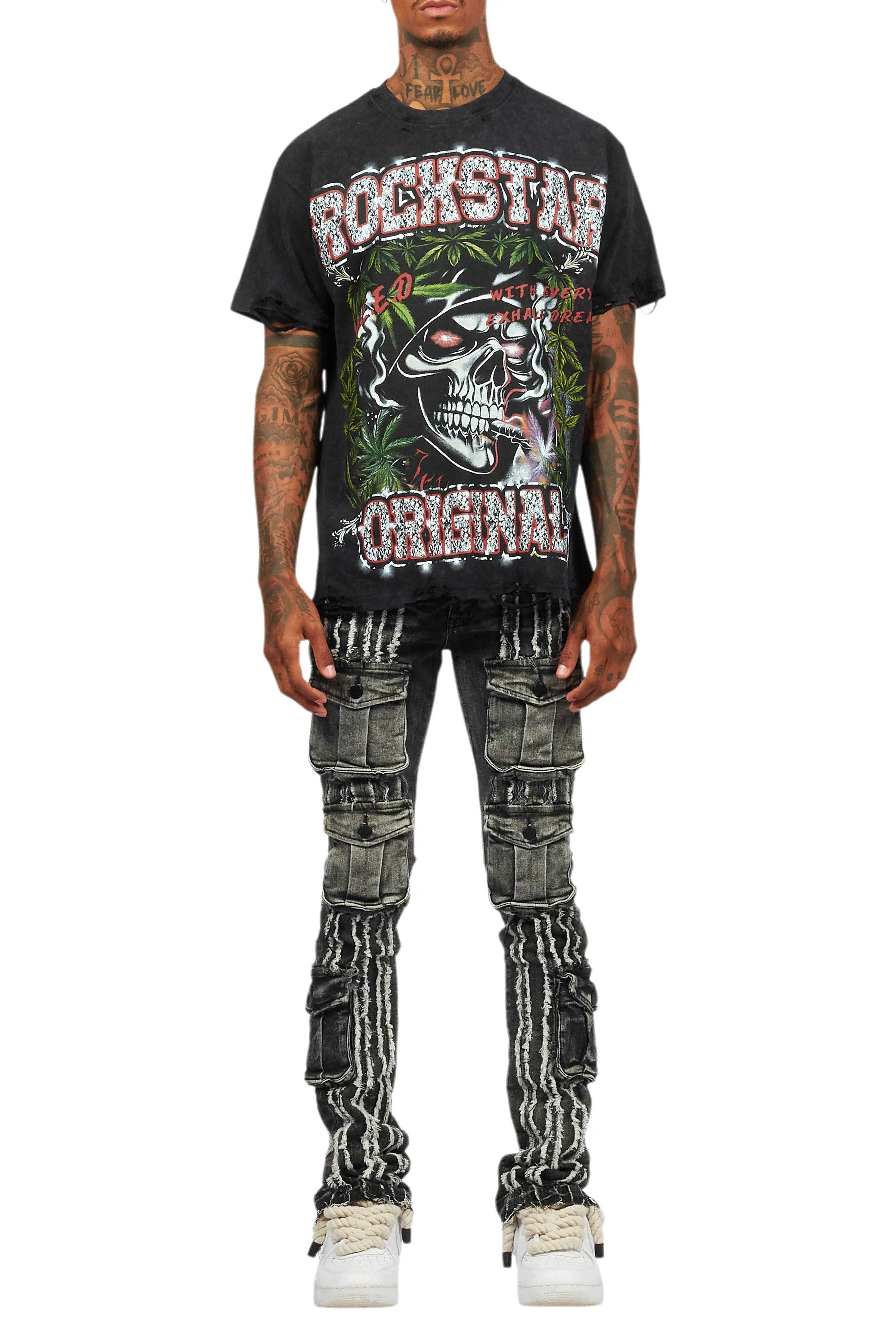 Frey Black Stacked Flare Jean