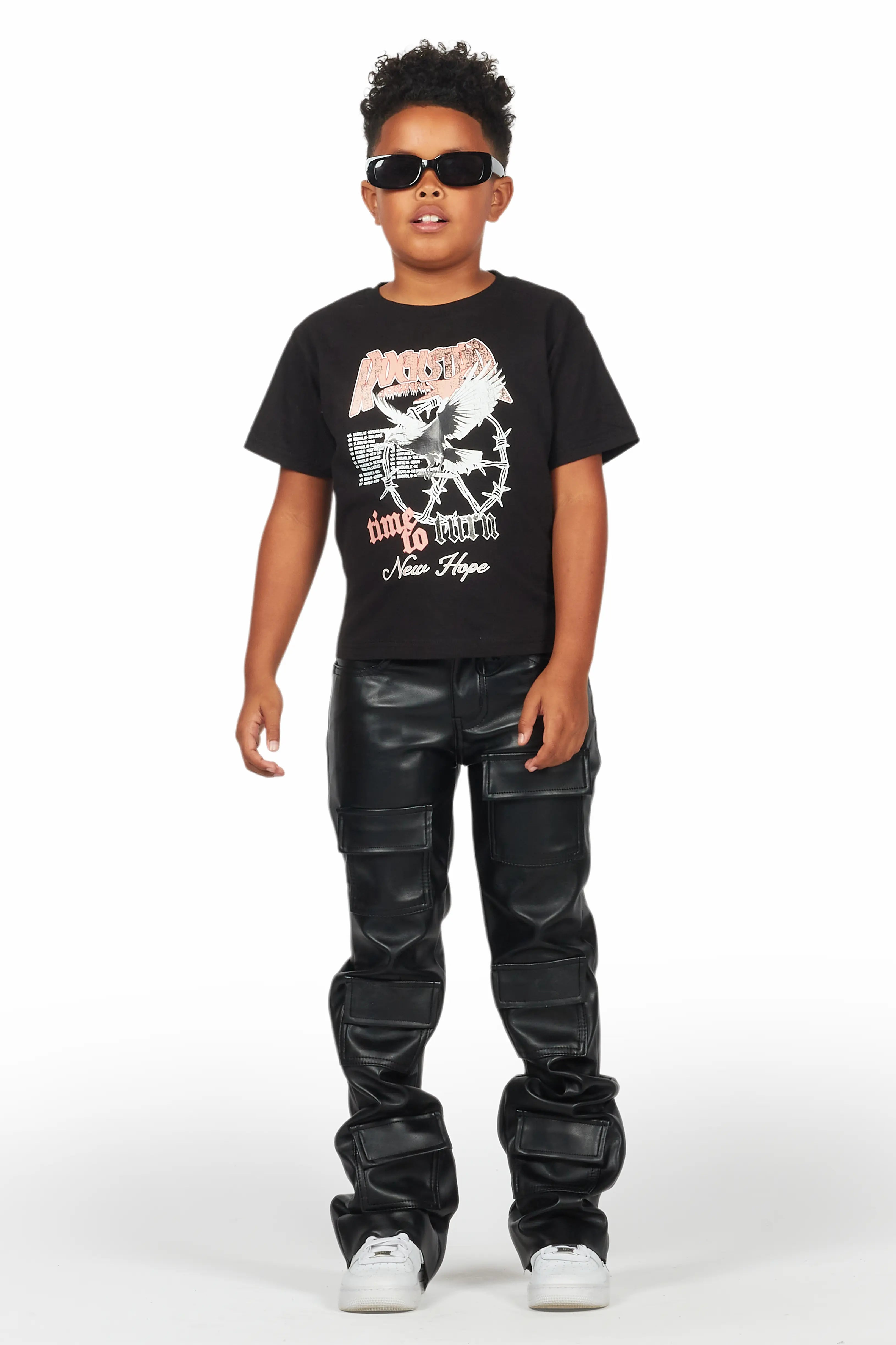 Boys Petrus Black PU Leather Jean
