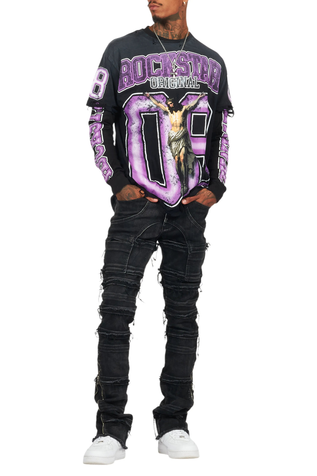 Fields Black/Purple Double Layer Long Sleeve Graphic T-Shirt