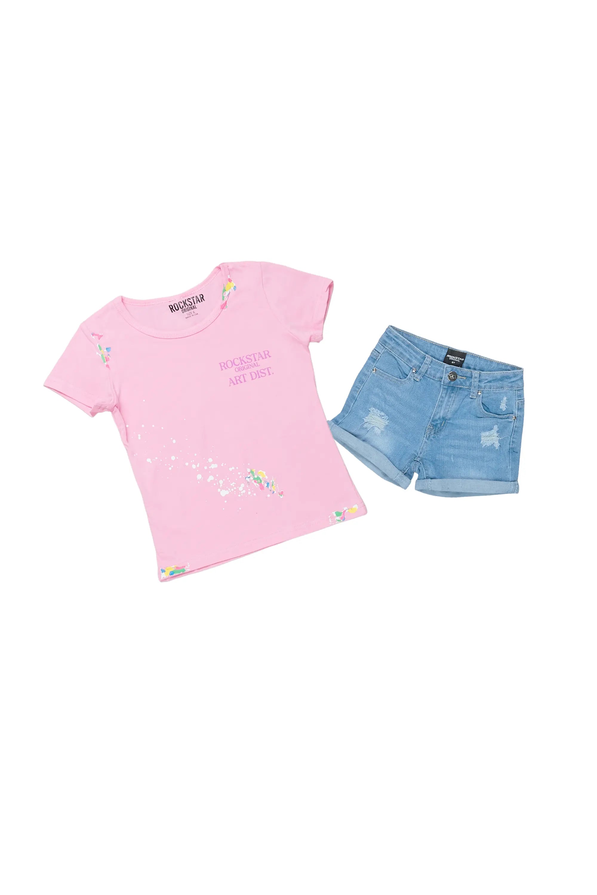Girls Maali Pink T-Shirt/Denim Short Set