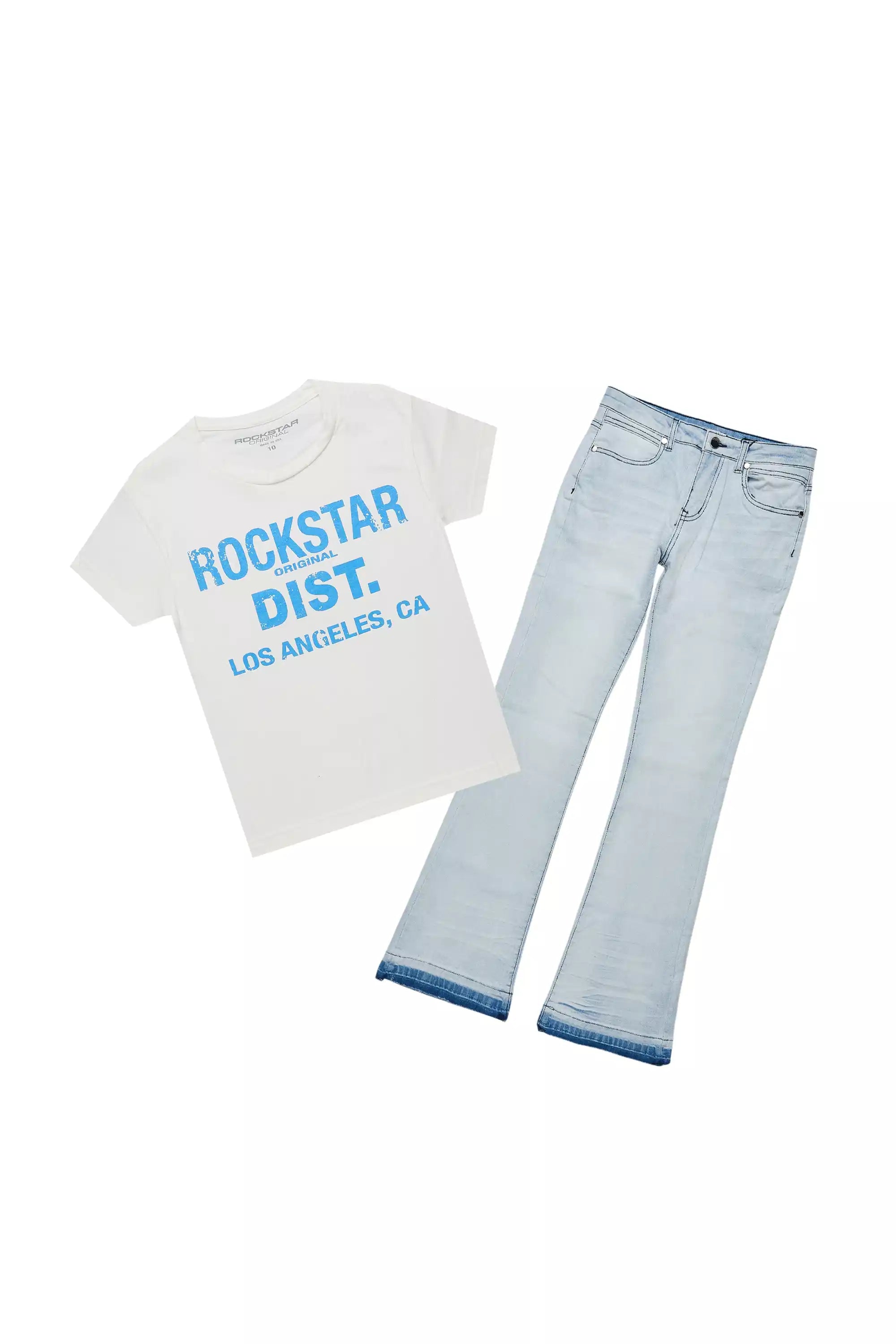 Boys Lake White/Blue T-Shirt/Dag Stacked Flare Jean Set