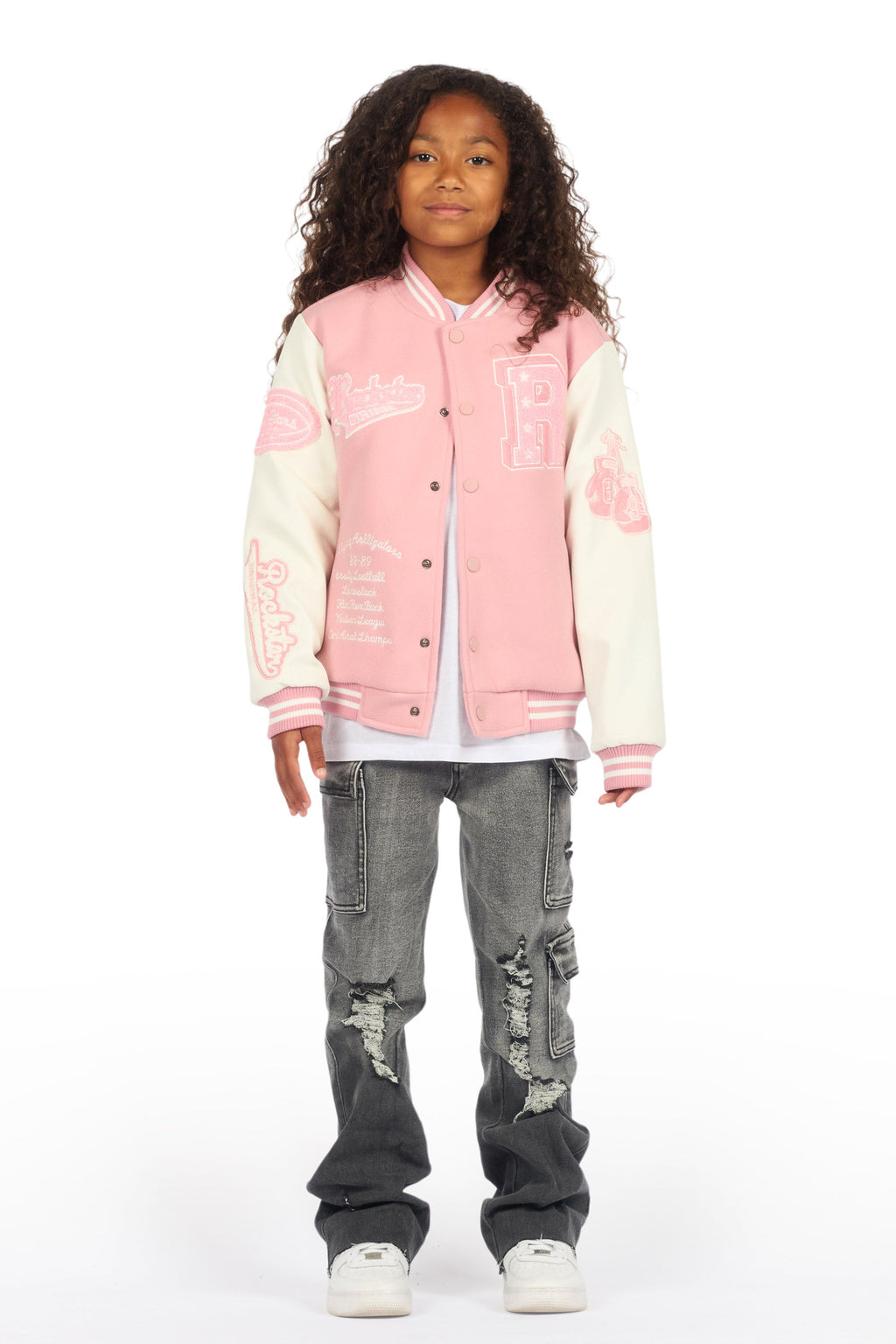 Girls Rosalyn Pink/White Varsity Jacket