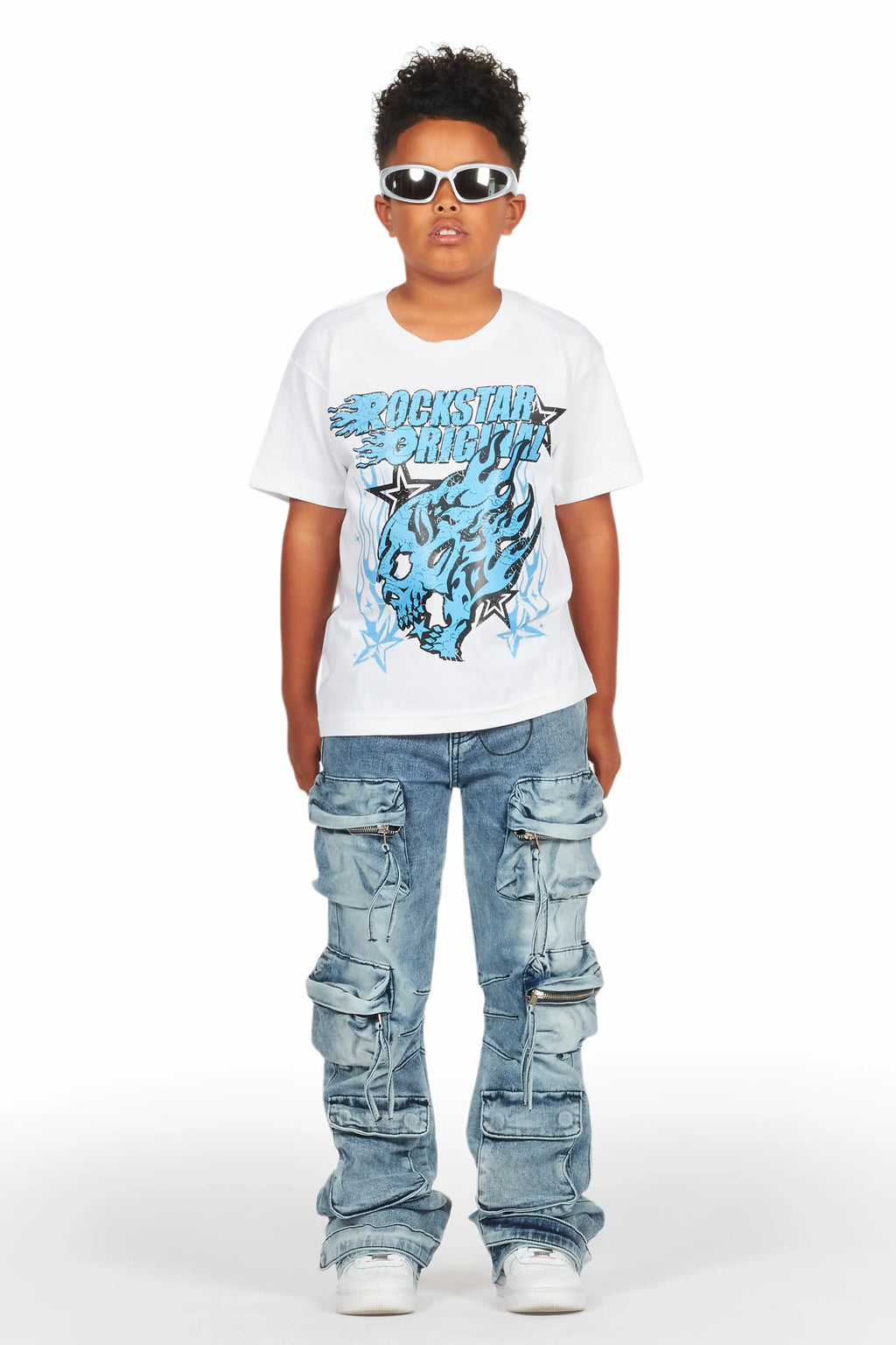 Boys Smitty White/Blue T-Shirt/Baggy Fit Jean Set