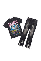 Boys Kip Vintage Black/White T-Shirt/Stacked Flare Jean Set