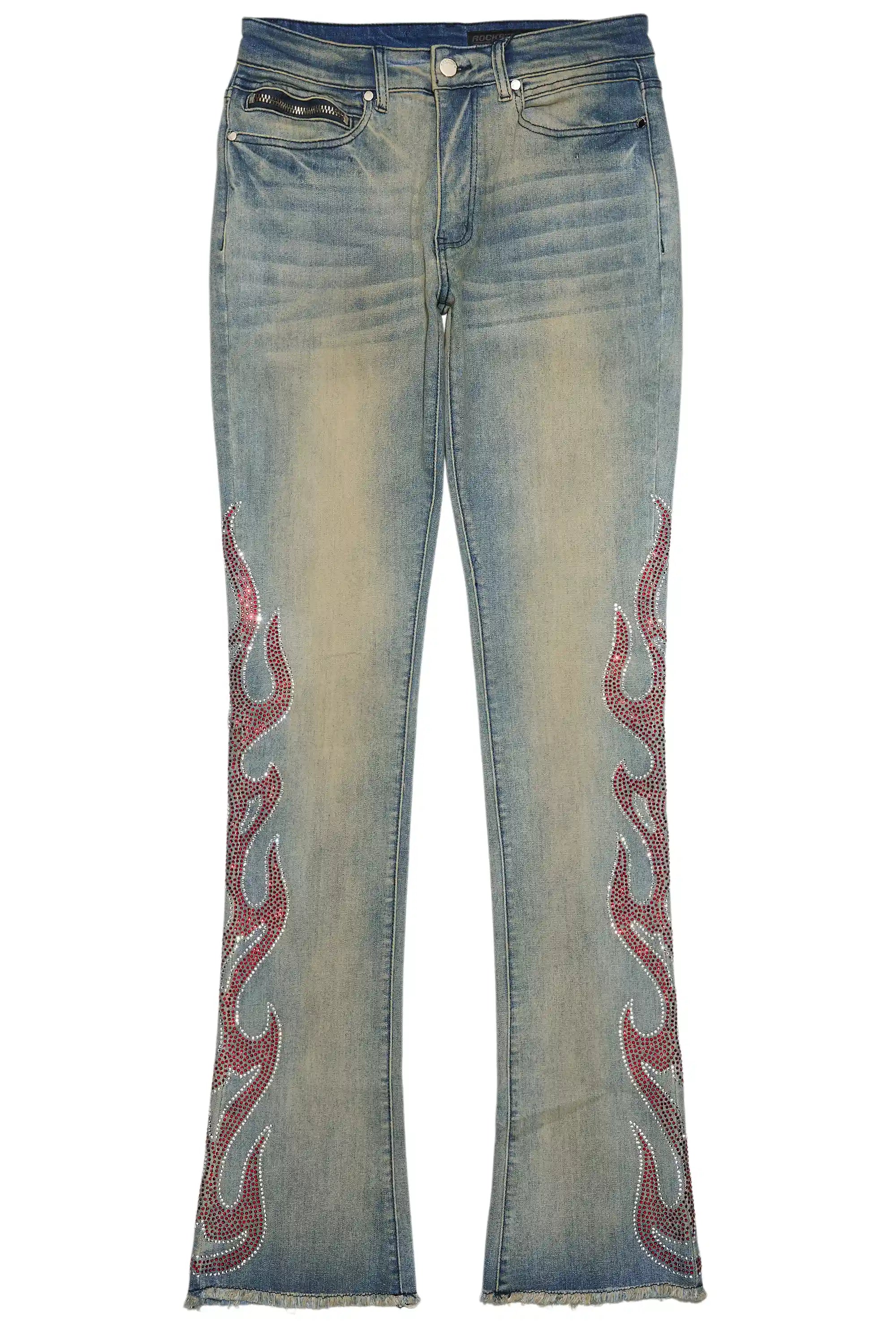 Sword Vintage Blue Rhinestone Stacked Flare Jean