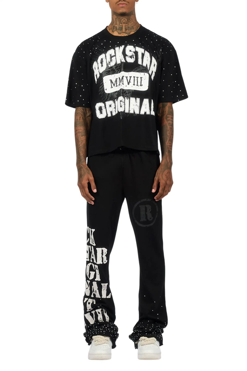 Borya Black Rhinestone T-Shirt/Baggy Stacked Track Set