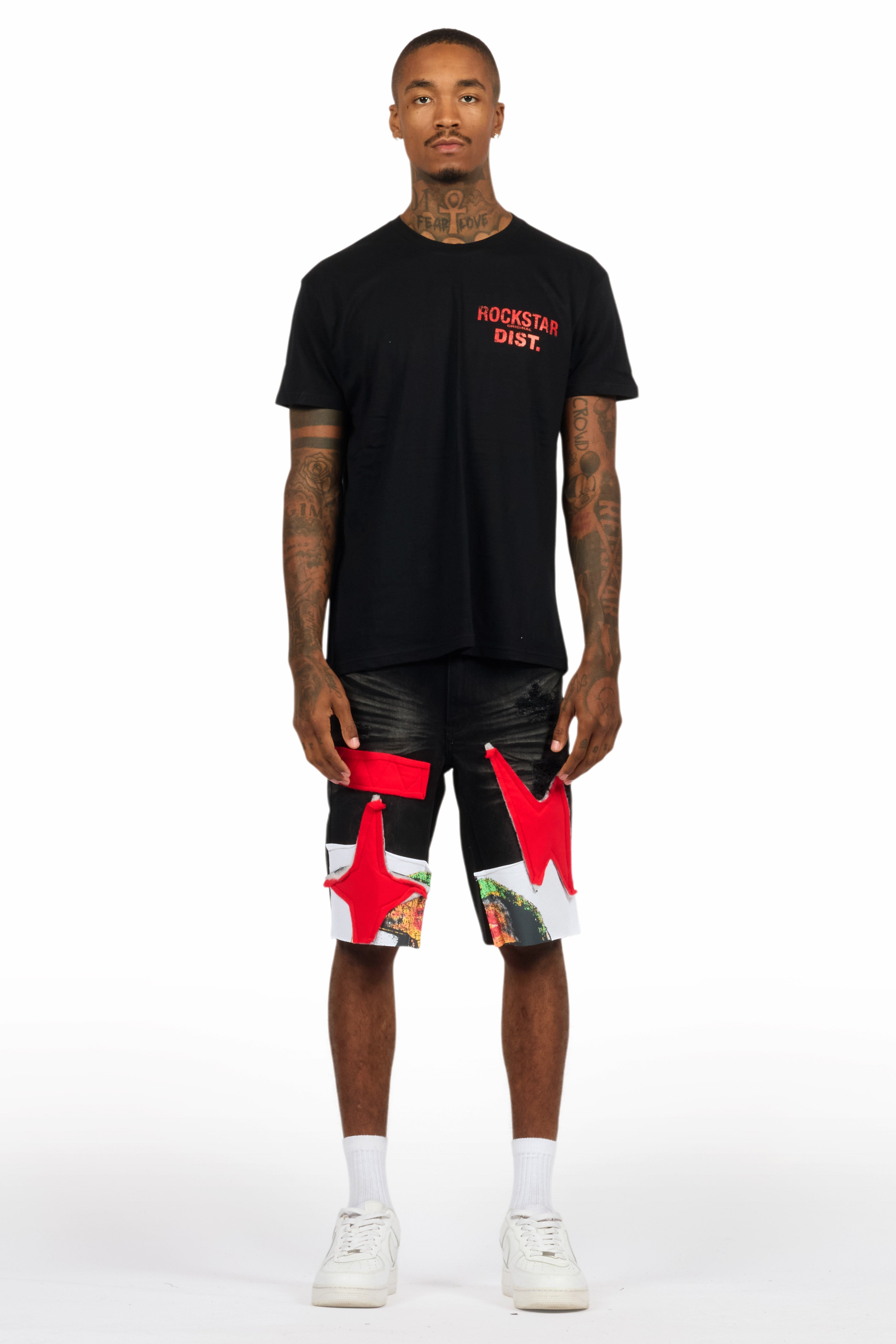 Akos Black/Red T-Shirt/Denim Short Set