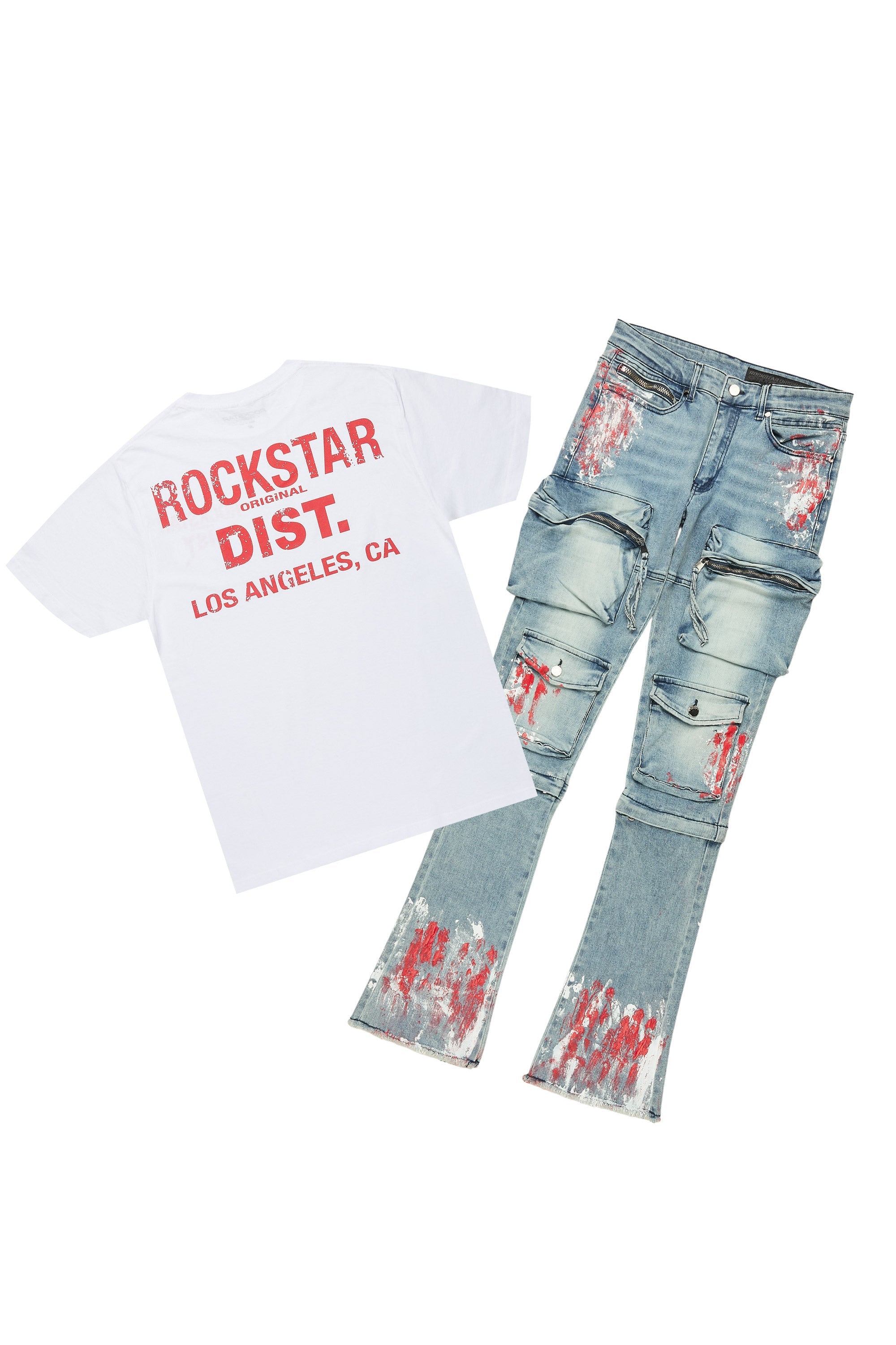 Sley White/Red T-Shirt/Stacked Flare Jean Set