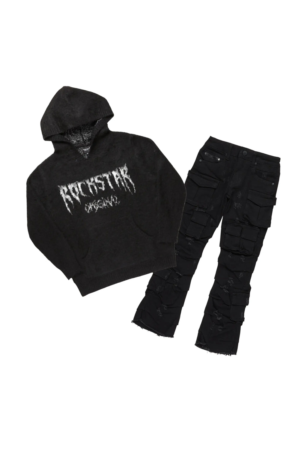 Boys Andros Black Mohair Hoodie/Stacked Flare Jean Set