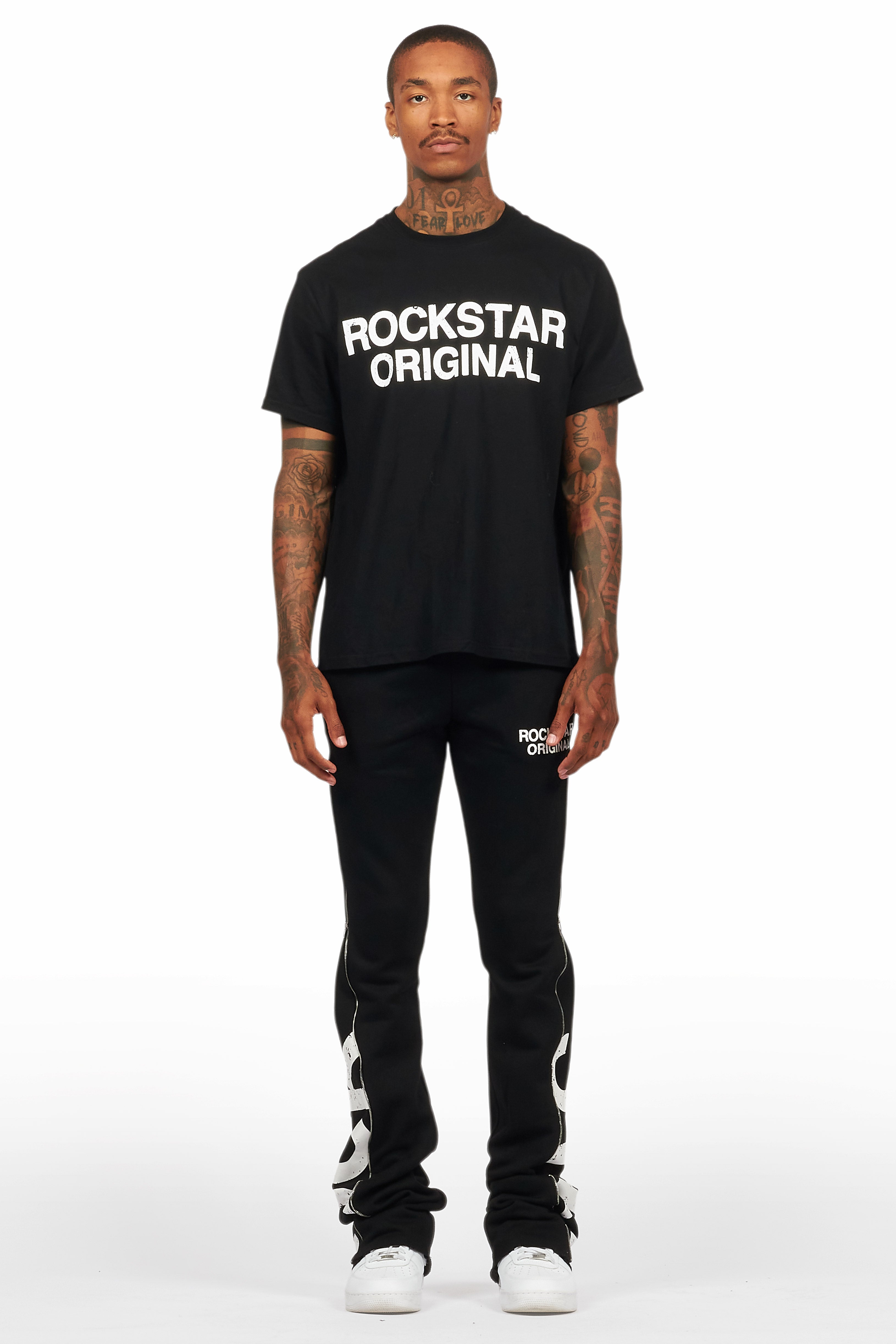 Deniska Black T-Shirt/Baggy Stacked Flare Track Set