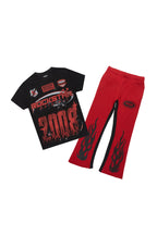 Boys Amos Black/Burgundy T-Shirt/Stacked Baggy Flare Pant Set